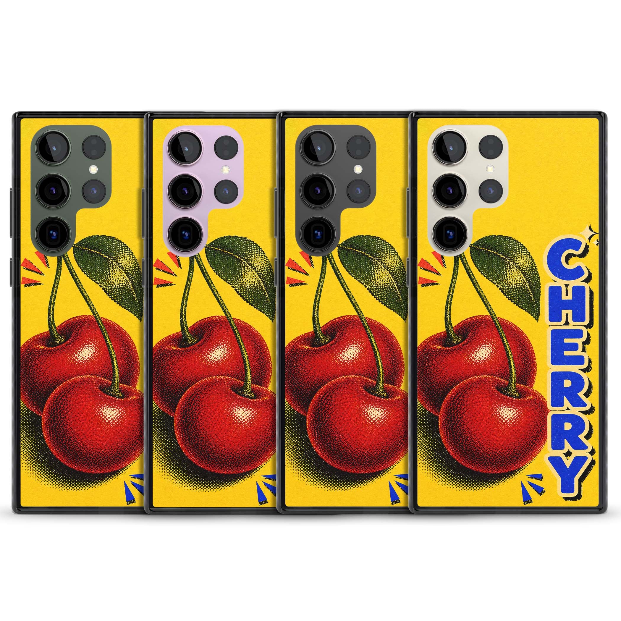 Cherry Yellow y2k iPhone case featuring two red cherries, halftone shading and bold blue CHERRY lettering on yellow | Black Impact case for Samsung Galaxy S24 Ultra, Samsung Galaxy S23 Ultra, Samsung Galaxy S22 Ultra