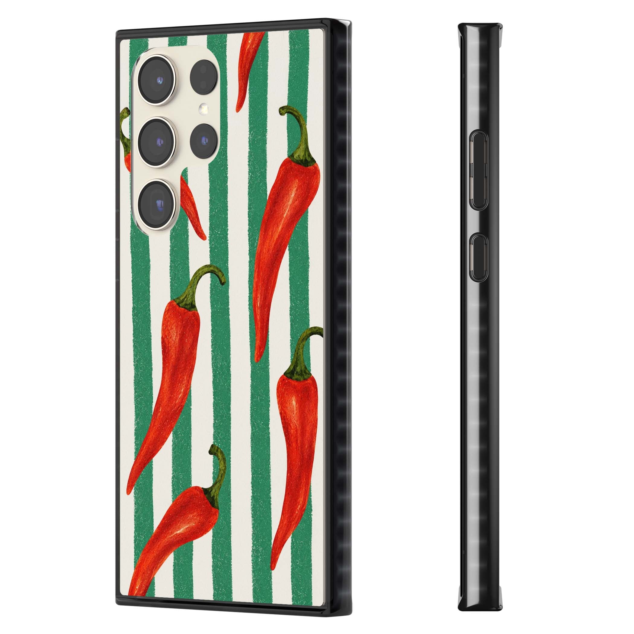 Striped Chillis coastal iPhone case featuring hand-painted red chili peppers on green and cream stripes | Black Impact case for Samsung Galaxy S24 Ultra, Samsung Galaxy S23 Ultra, Samsung Galaxy S22 Ultra