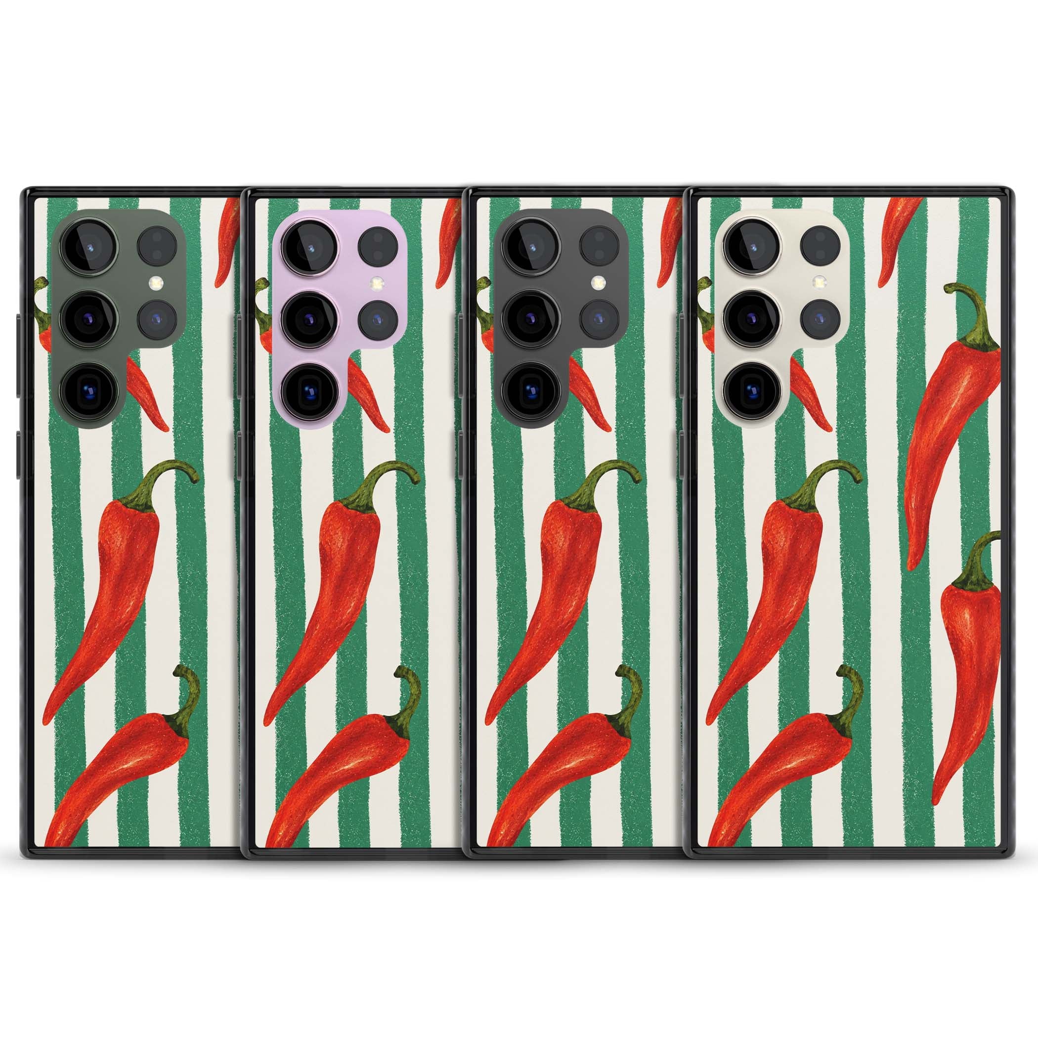 Striped Chillis coastal iPhone case featuring hand-painted red chili peppers on green and cream stripes | Black Impact case for Samsung Galaxy S24 Ultra, Samsung Galaxy S23 Ultra, Samsung Galaxy S22 Ultra