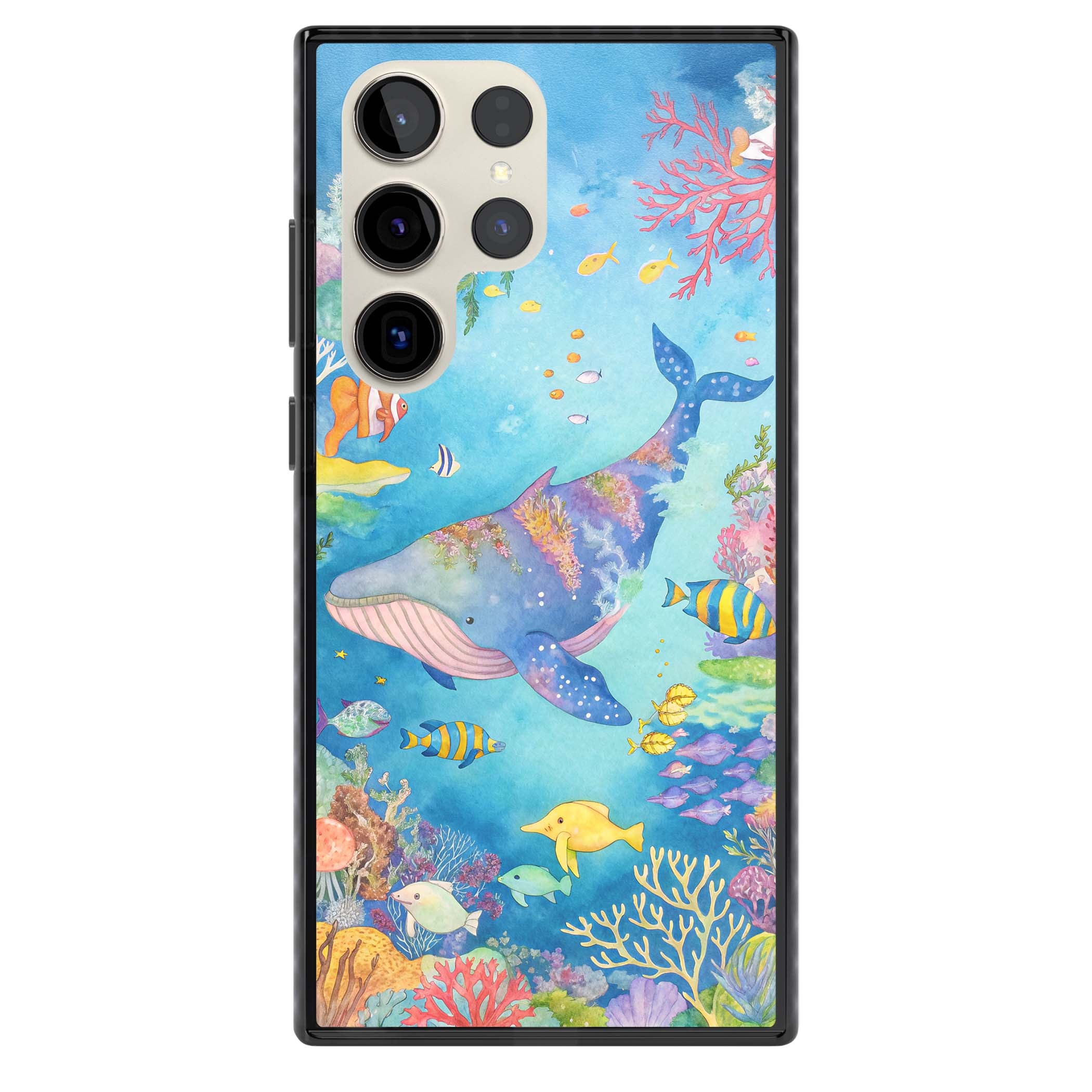 Coral Lagoon ocean iPhone case featuring a watercolour whale, coral reef and tropical fish | Black Impact case for Samsung Galaxy S24 Ultra, Samsung Galaxy S23 Ultra, Samsung Galaxy S22 Ultra