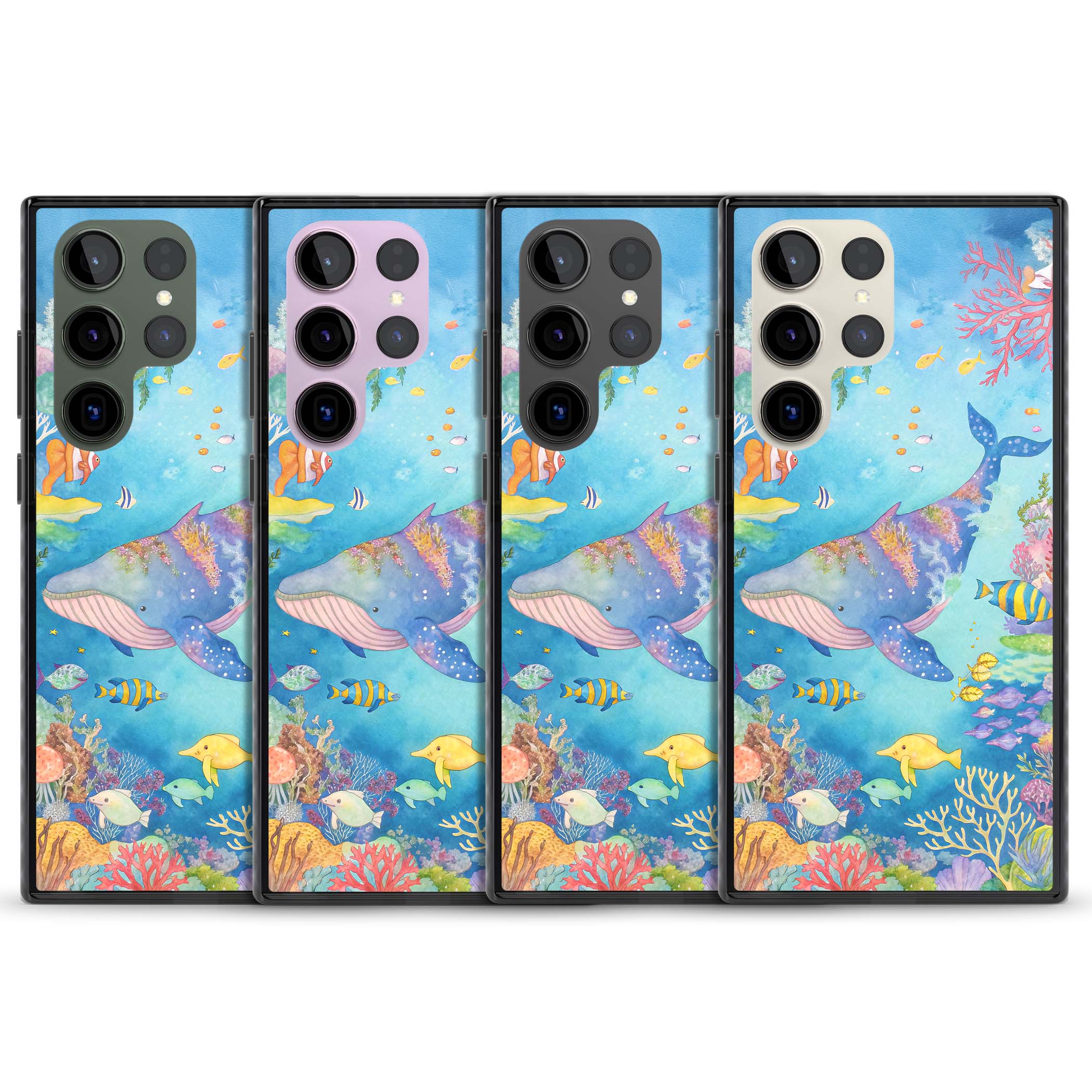 Coral Lagoon ocean iPhone case featuring a watercolour whale, coral reef and tropical fish | Black Impact case for Samsung Galaxy S24 Ultra, Samsung Galaxy S23 Ultra, Samsung Galaxy S22 Ultra