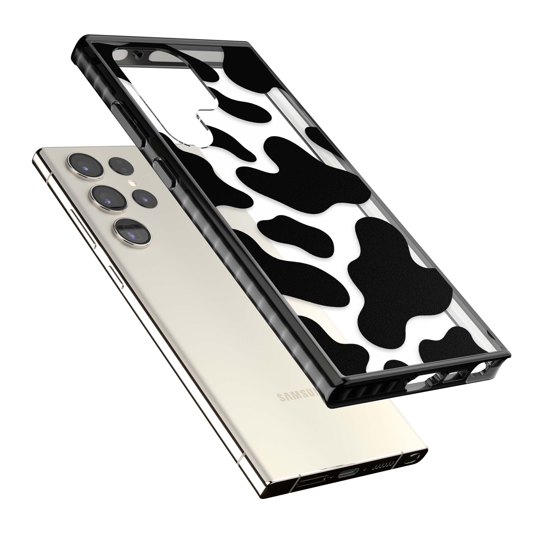 Clear Cow Print cow print iPhone case featuring black and white cow pattern splotches on a clear background | Black Impact case for Samsung Galaxy S24 Ultra, Samsung Galaxy S23 Ultra, Samsung Galaxy S22 Ultra