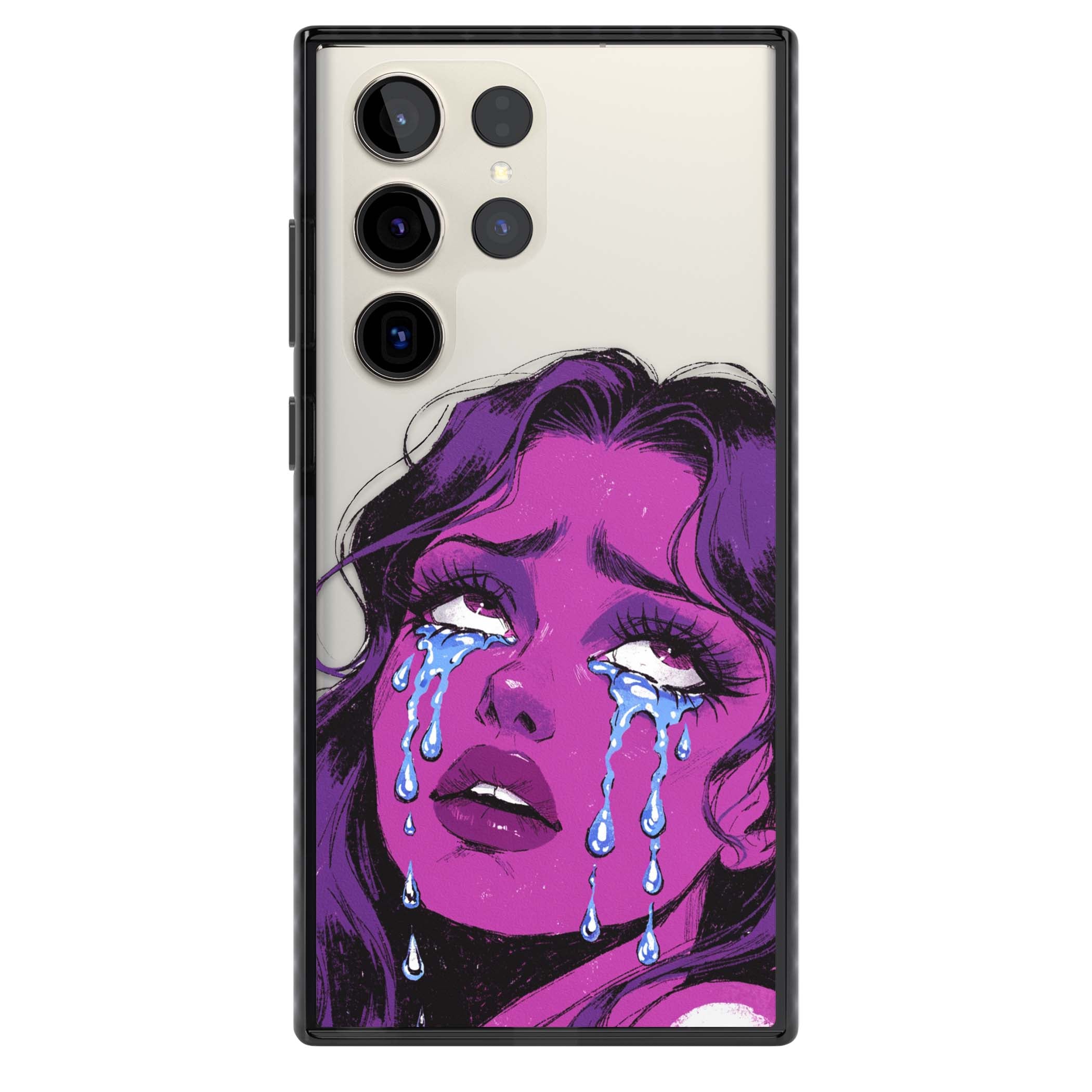 Drama Queen pop art iPhone case featuring a purple crying comic girl with blue tears | Black Impact case for Samsung Galaxy S24 Ultra, Samsung Galaxy S23 Ultra, Samsung Galaxy S22 Ultra