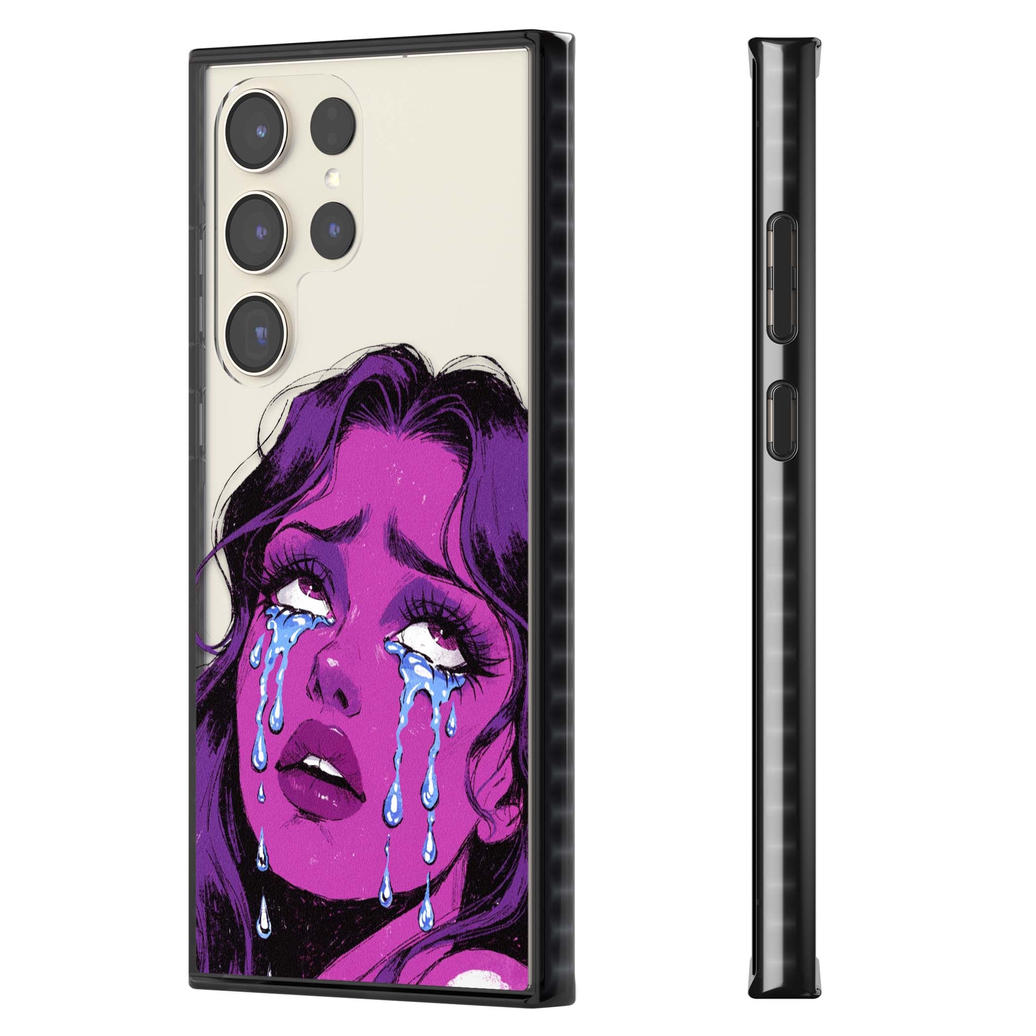 Drama Queen pop art iPhone case featuring a purple crying comic girl with blue tears | Black Impact case for Samsung Galaxy S24 Ultra, Samsung Galaxy S23 Ultra, Samsung Galaxy S22 Ultra