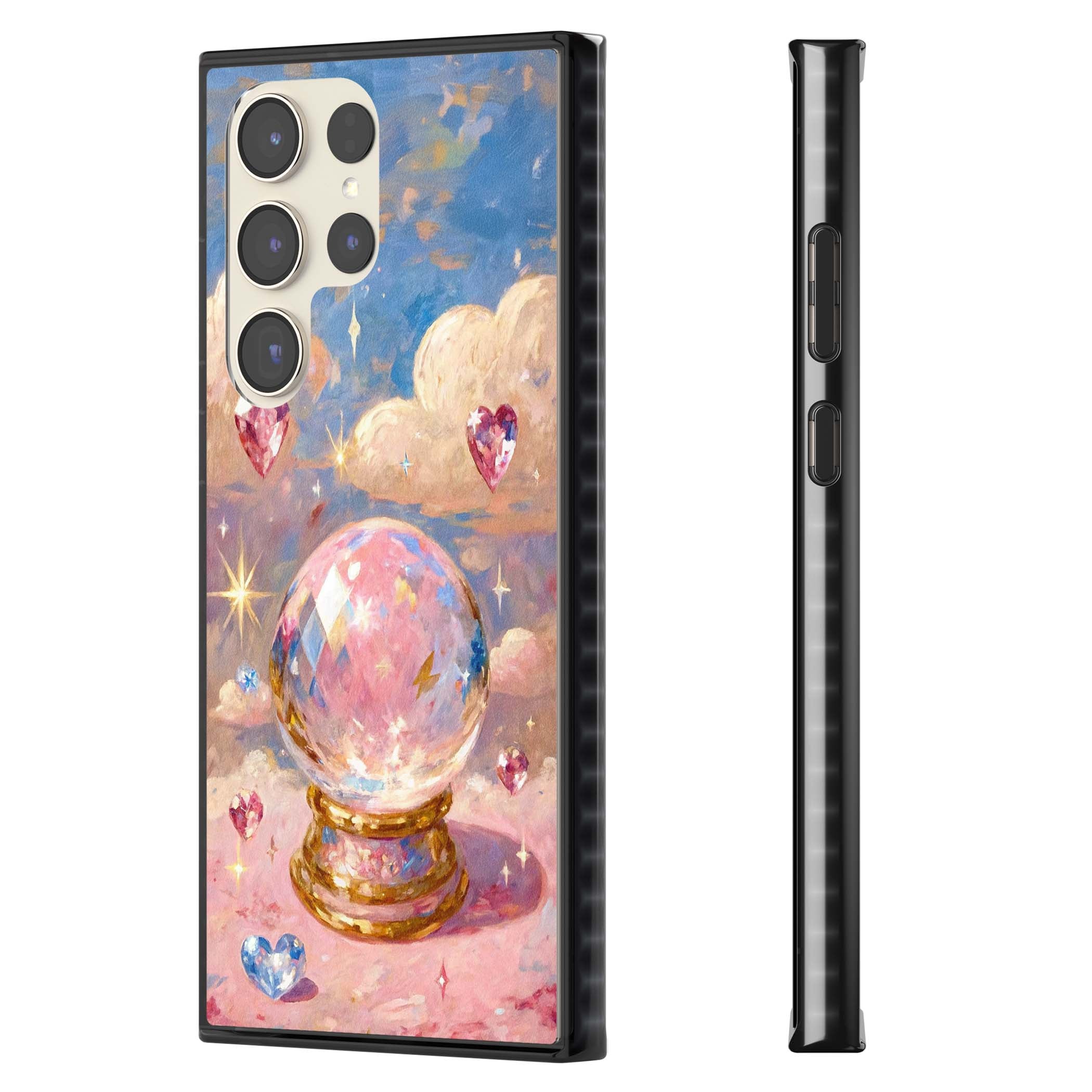 Crystal Ball fairycore iPhone case featuring a painted crystal ball, heart gemstones, and pastel clouds | Black Impact case for Samsung Galaxy S24 Ultra, Samsung Galaxy S23 Ultra, Samsung Galaxy S22 Ultra