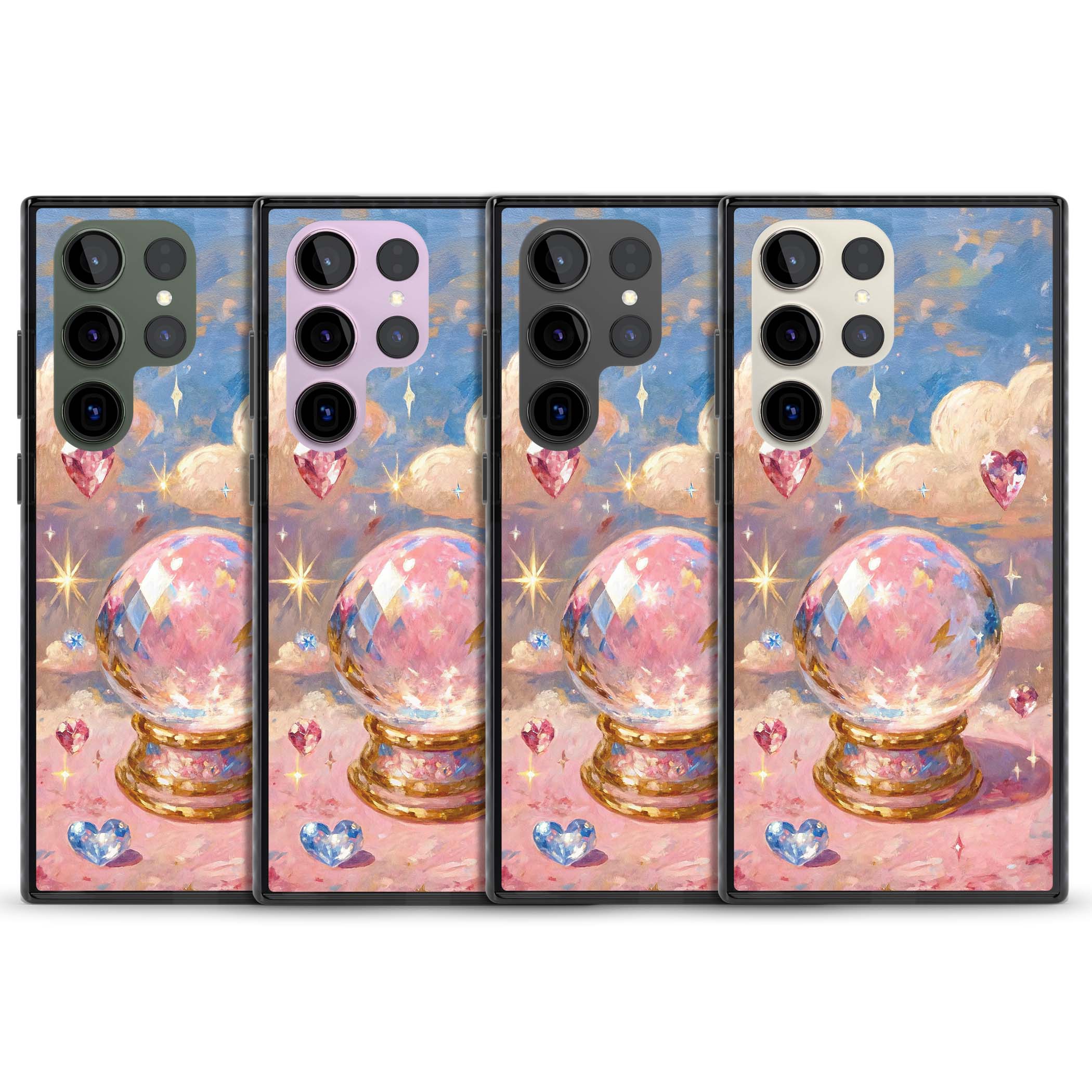 Crystal Ball fairycore iPhone case featuring a painted crystal ball, heart gemstones, and pastel clouds | Black Impact case for Samsung Galaxy S24 Ultra, Samsung Galaxy S23 Ultra, Samsung Galaxy S22 Ultra