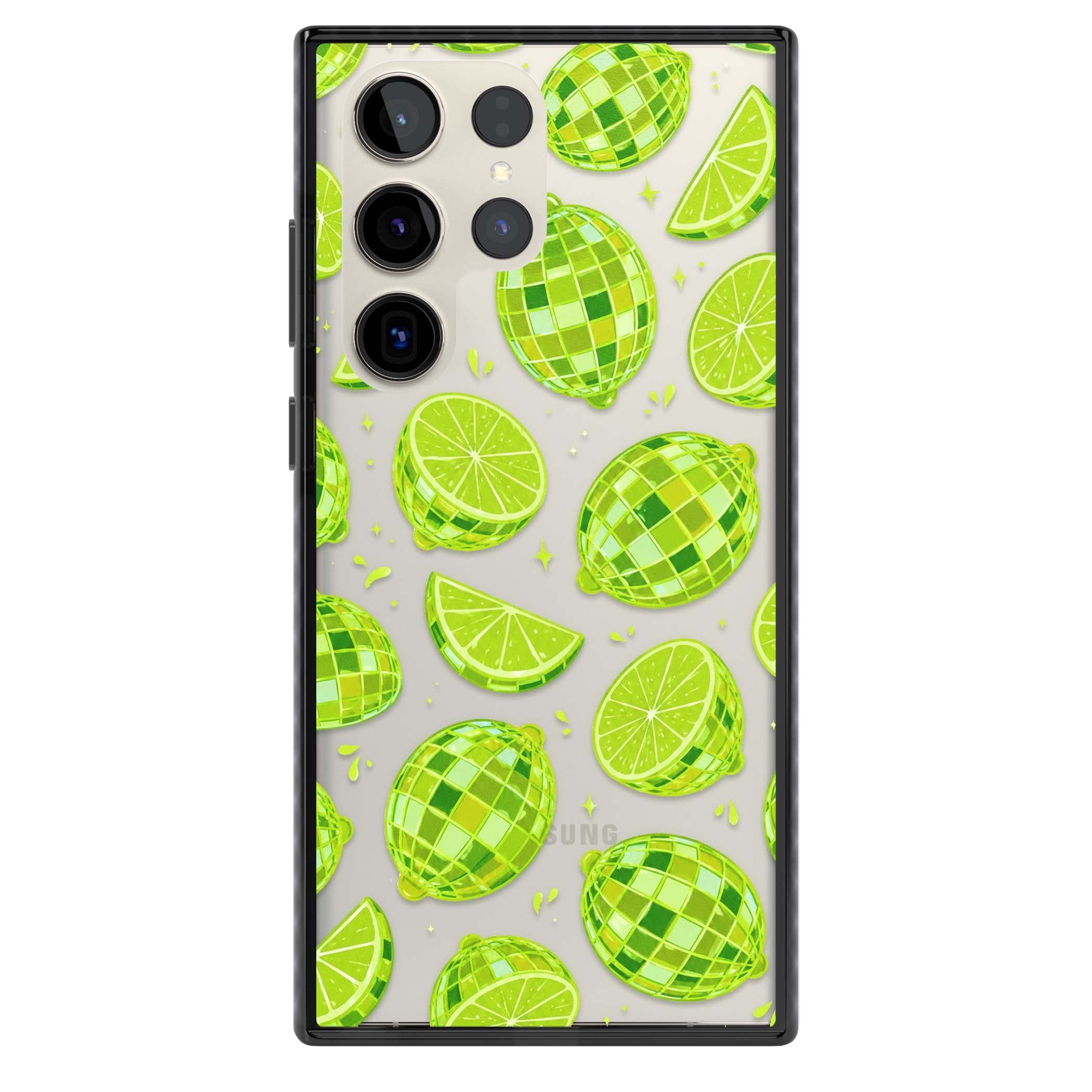 Disco Limes fruit aesthetic iPhone case featuring green disco balls, lime slices and citrus sparkles | Black Impact case for Samsung Galaxy S24 Ultra, Samsung Galaxy S23 Ultra, Samsung Galaxy S22 Ultra