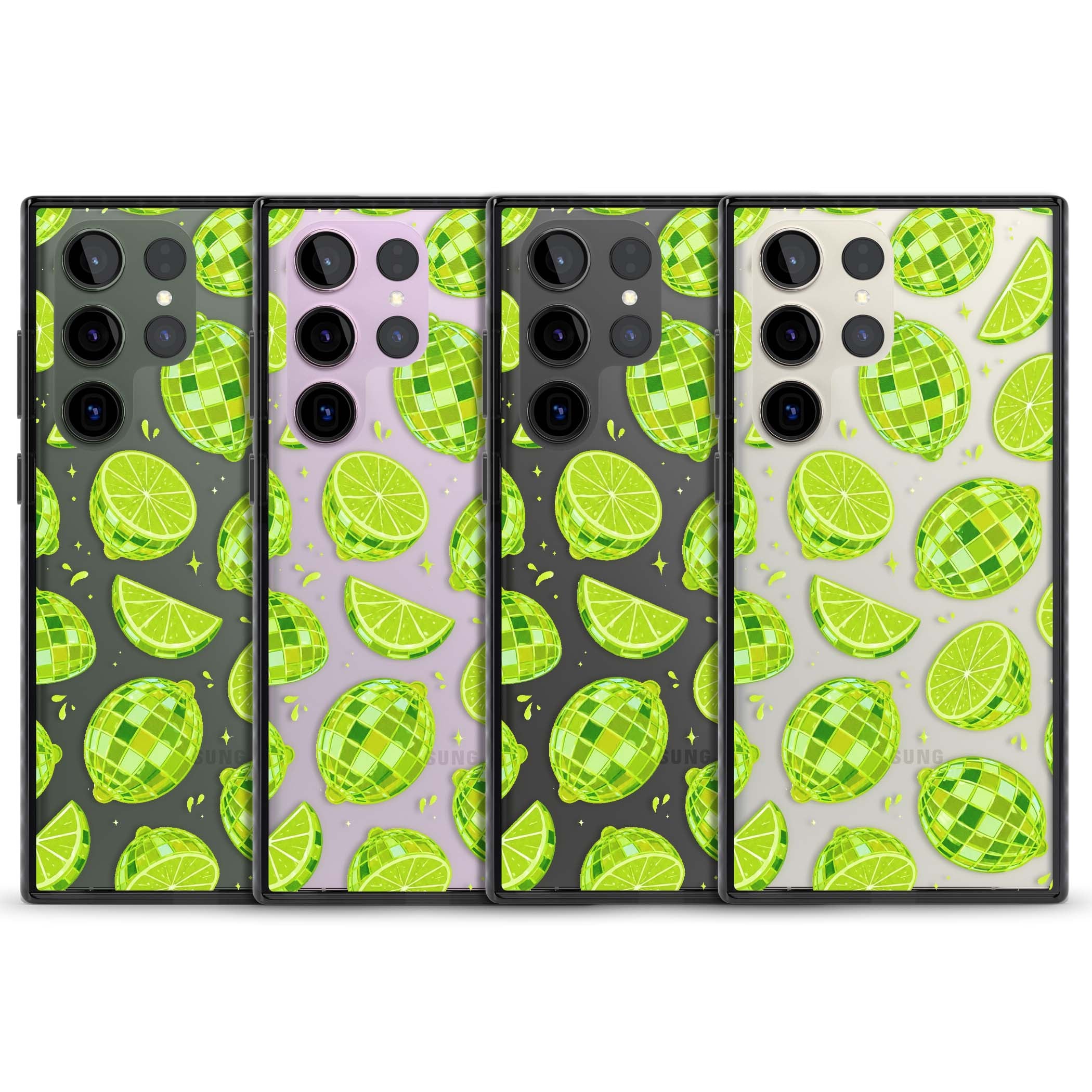 Disco Limes fruit aesthetic iPhone case featuring green disco balls, lime slices and citrus sparkles | Black Impact case for Samsung Galaxy S24 Ultra, Samsung Galaxy S23 Ultra, Samsung Galaxy S22 Ultra