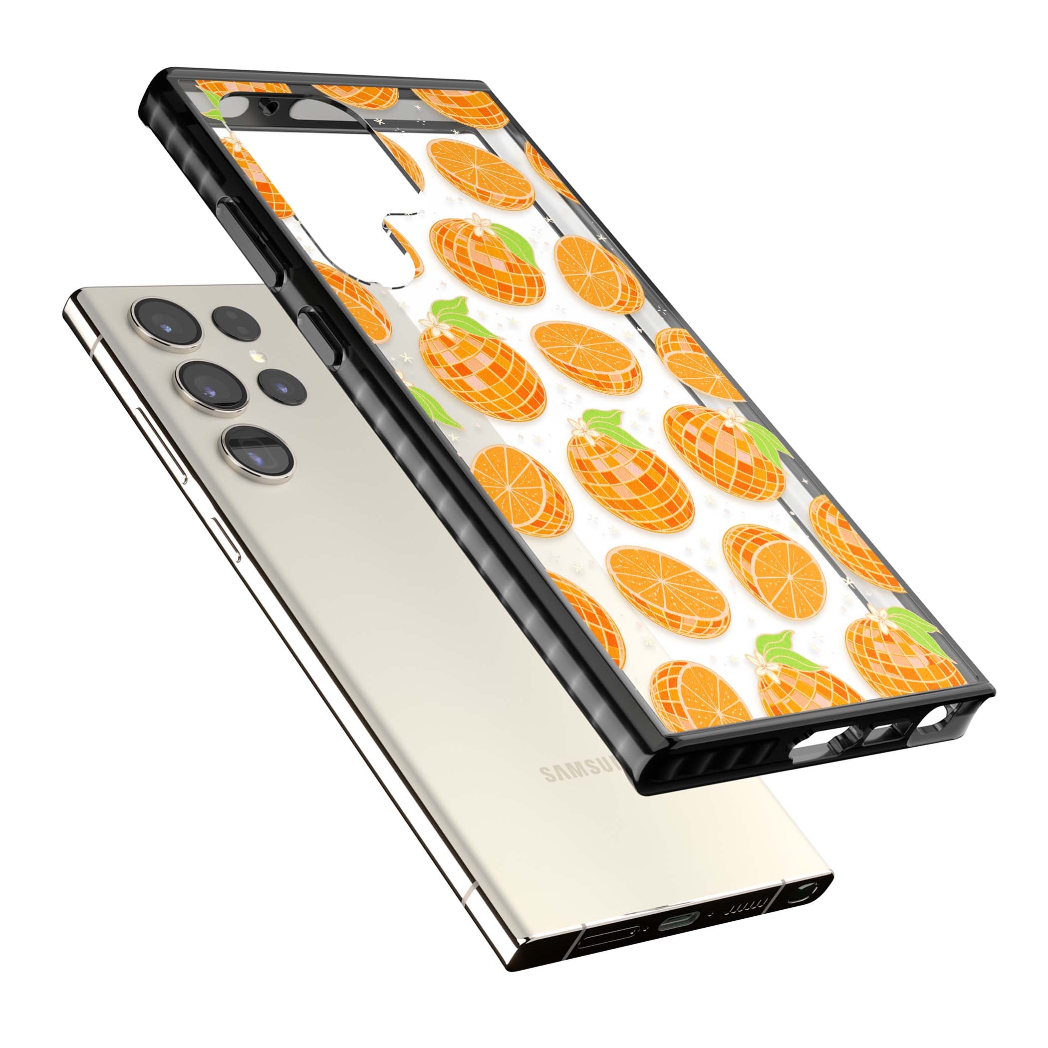 Disco Oranges retro iPhone case featuring mirrorball oranges, citrus slices and tiny blossoms on clear | Black Impact case for Samsung Galaxy S24 Ultra, Samsung Galaxy S23 Ultra, Samsung Galaxy S22 Ultra