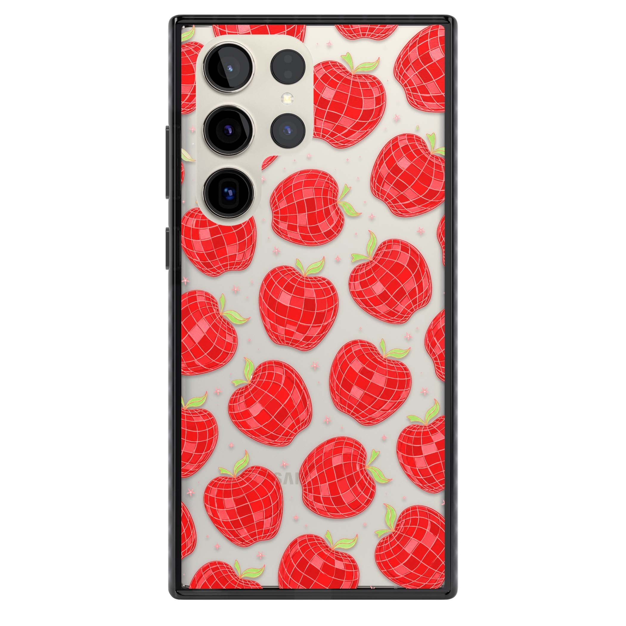 Disco Apples Y2K iPhone case featuring red disco ball apples, green leaves and pink sparkles on clear | Black Impact case for Samsung Galaxy S24 Ultra, Samsung Galaxy S23 Ultra, Samsung Galaxy S22 Ultra