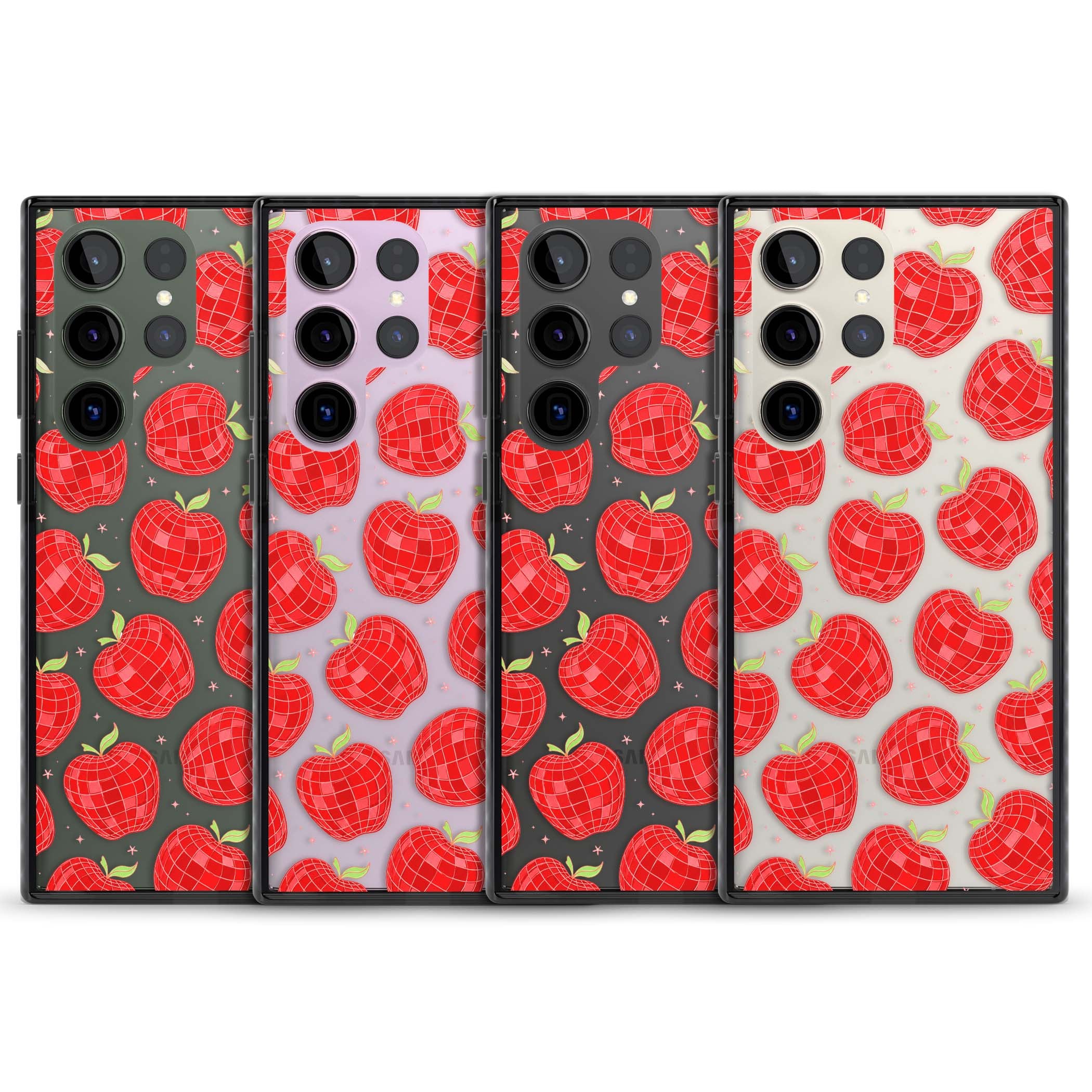 Disco Apples Y2K iPhone case featuring red disco ball apples, green leaves and pink sparkles on clear | Black Impact case for Samsung Galaxy S24 Ultra, Samsung Galaxy S23 Ultra, Samsung Galaxy S22 Ultra