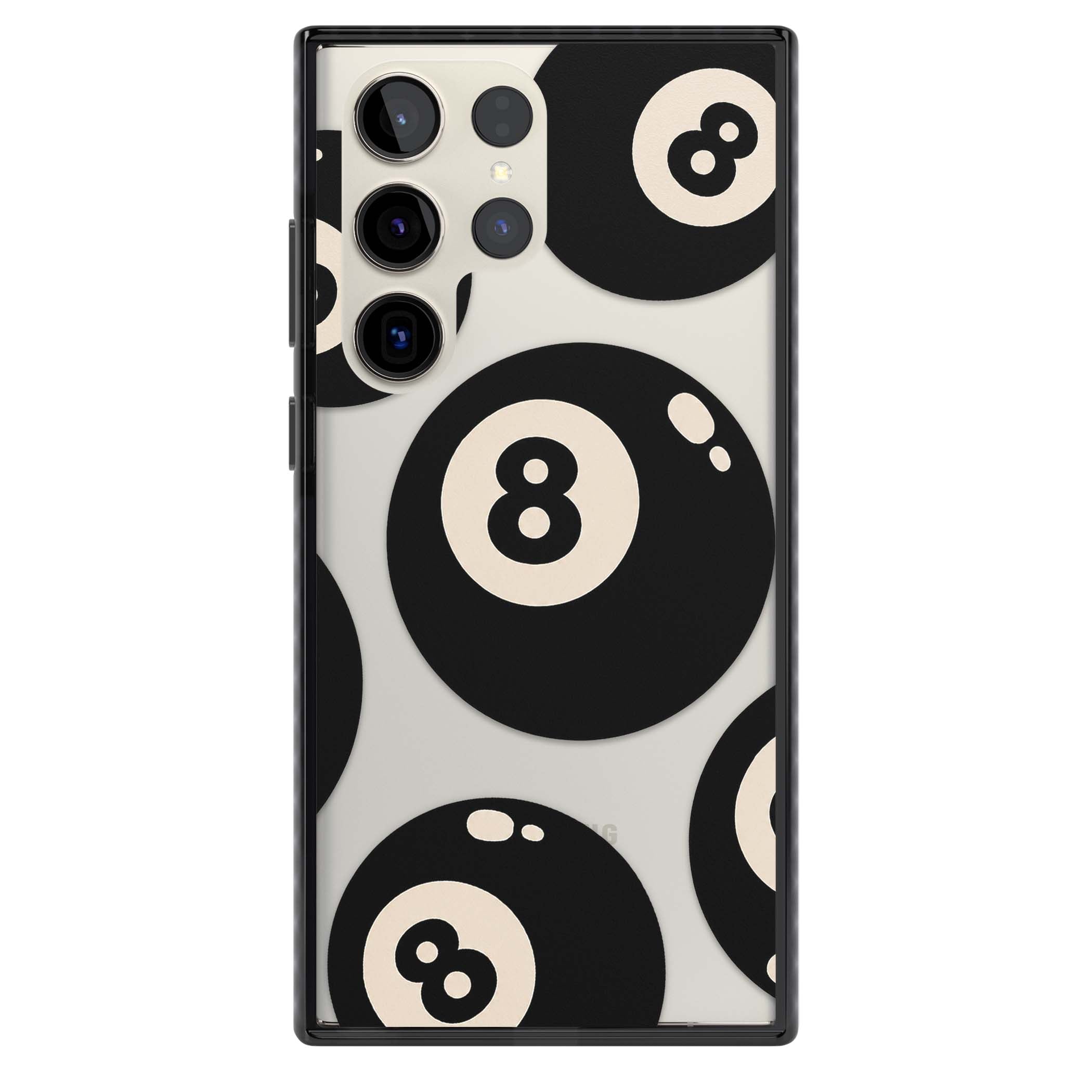 Eights y2k iPhone case featuring scattered black 8 balls with cream highlights on a clear background | Black Impact case for Samsung Galaxy S24 Ultra, Samsung Galaxy S23 Ultra, Samsung Galaxy S22 Ultra