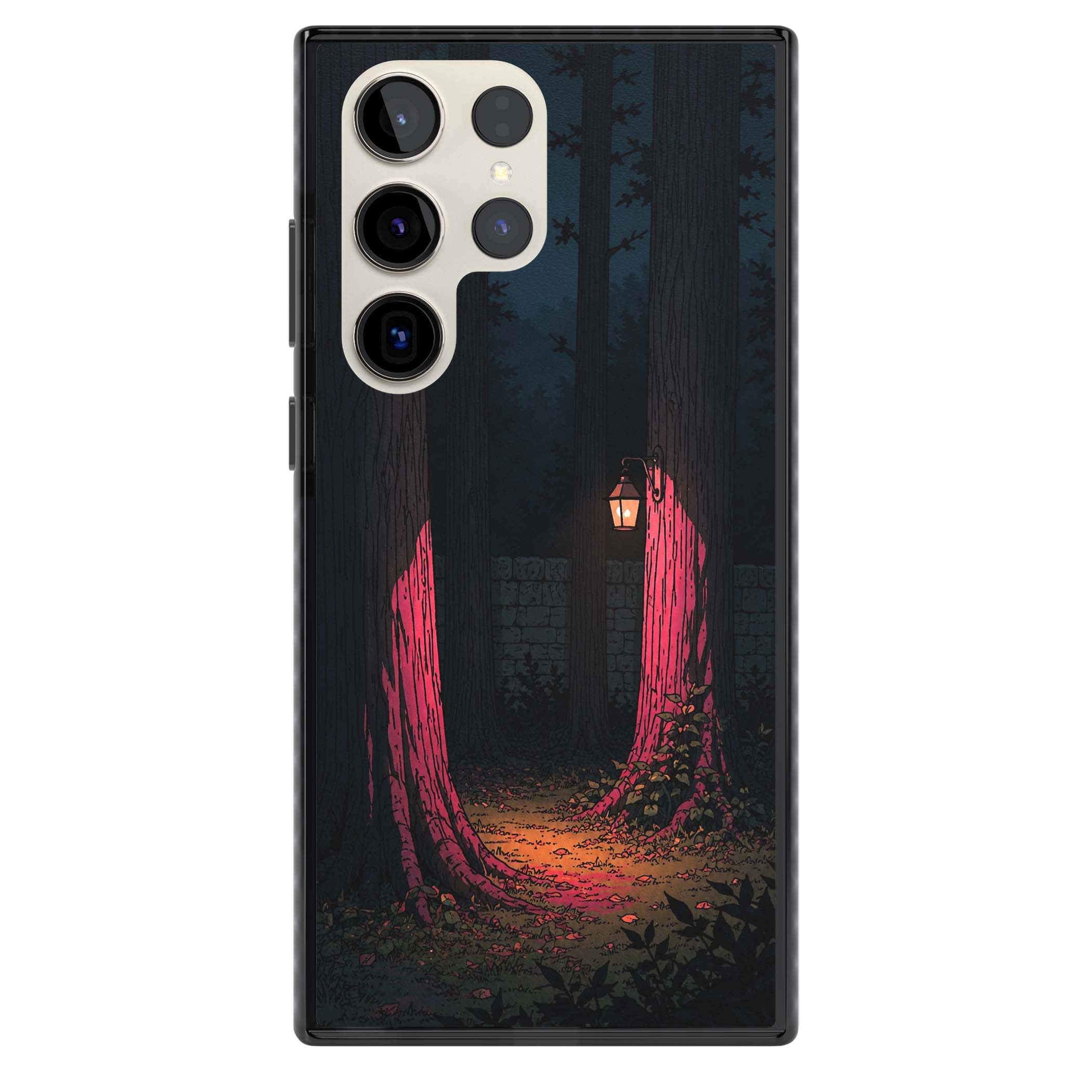 Forest Lantern dark academia iPhone case featuring a moonlit forest, glowing lantern, and stone wall pathway | Black Impact case for Samsung Galaxy S24 Ultra, Samsung Galaxy S23 Ultra, Samsung Galaxy S22 Ultra