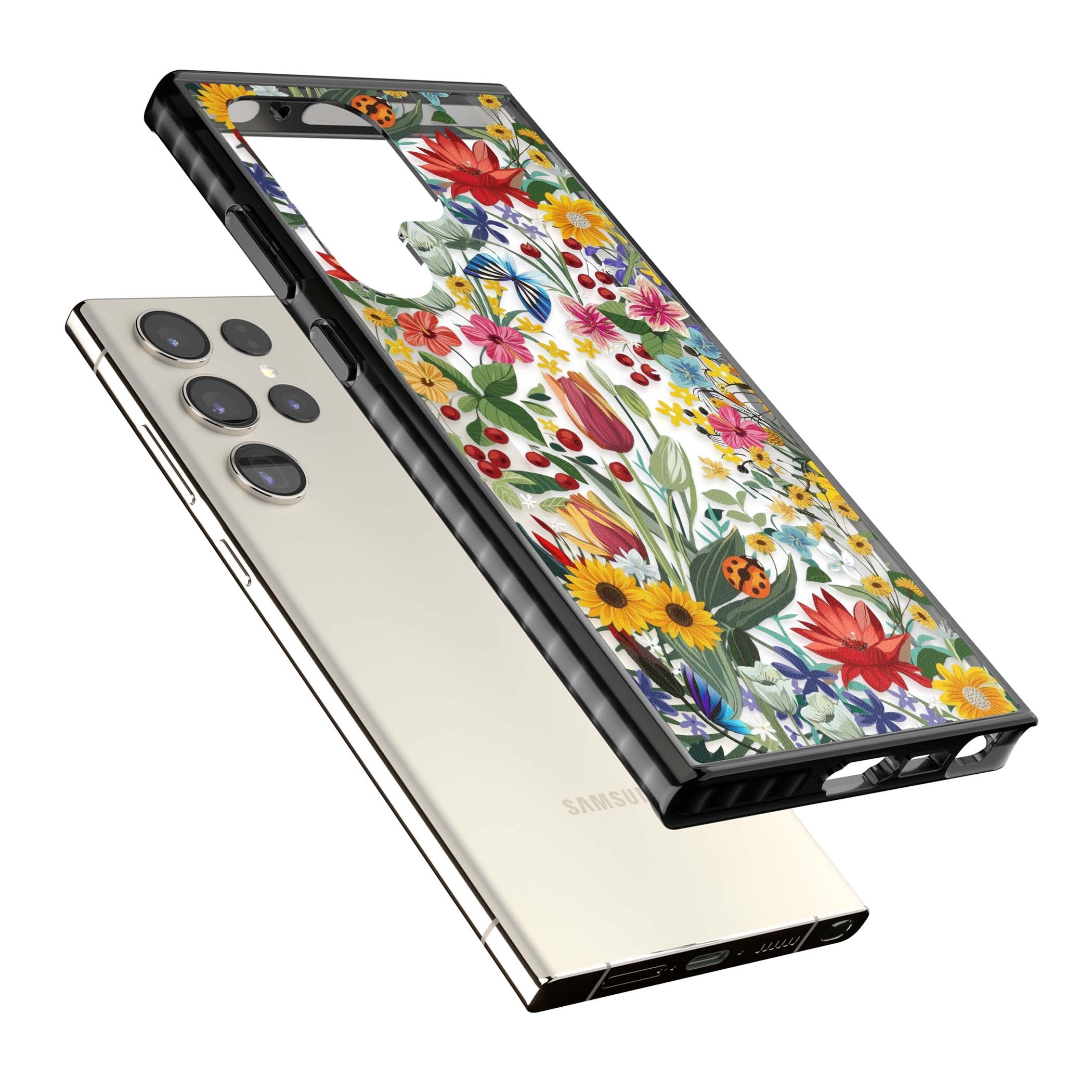Botanical Bloom cottagecore iPhone case featuring colorful wildflowers, sunflowers, and ladybugs on clear background | Black Impact case for Samsung Galaxy S24 Ultra, Samsung Galaxy S23 Ultra, Samsung Galaxy S22 Ultra