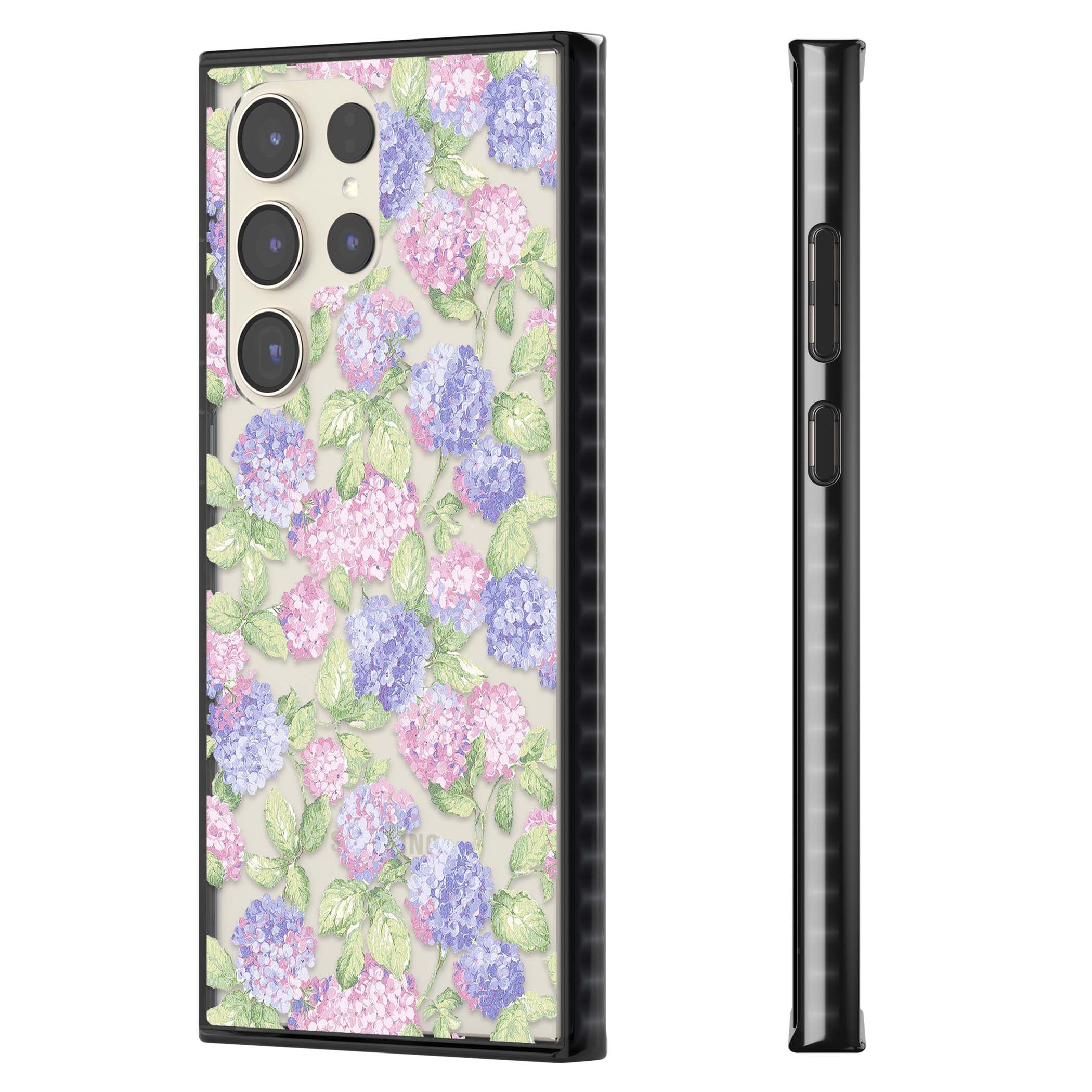 Cottage Hydrangea cottagecore iPhone case featuring pink and purple hydrangea blooms with green leaves on a clear background | Black Impact case for Samsung Galaxy S24 Ultra, Samsung Galaxy S23 Ultra, Samsung Galaxy S22 Ultra