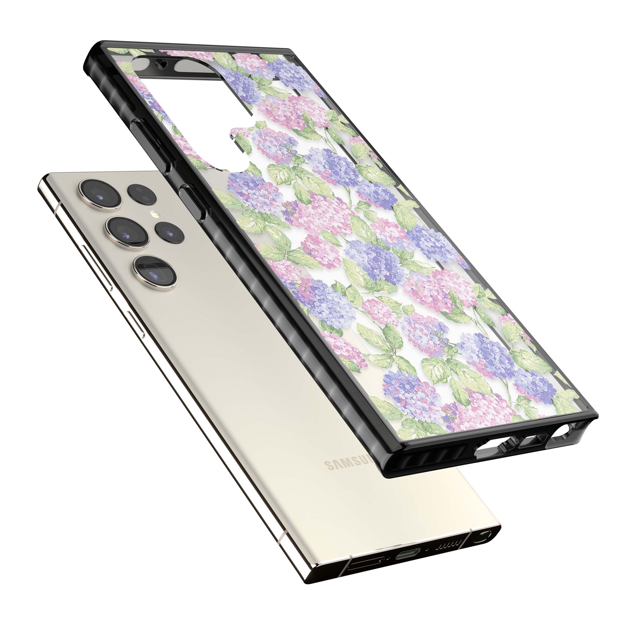 Cottage Hydrangea cottagecore iPhone case featuring pink and purple hydrangea blooms with green leaves on a clear background | Black Impact case for Samsung Galaxy S24 Ultra, Samsung Galaxy S23 Ultra, Samsung Galaxy S22 Ultra