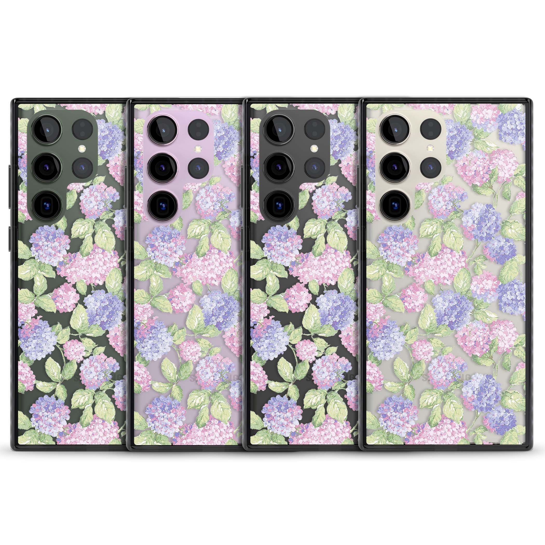 Cottage Hydrangea cottagecore iPhone case featuring pink and purple hydrangea blooms with green leaves on a clear background | Black Impact case for Samsung Galaxy S24 Ultra, Samsung Galaxy S23 Ultra, Samsung Galaxy S22 Ultra