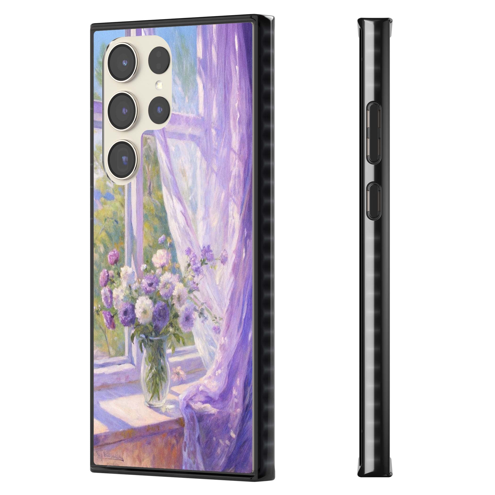 A Provence Morning impressionist art iPhone case featuring a vase of purple flowers, sunlit window and sheer curt | Black Impact case for Samsung Galaxy S24 Ultra, Samsung Galaxy S23 Ultra, Samsung Galaxy S22 Ultra