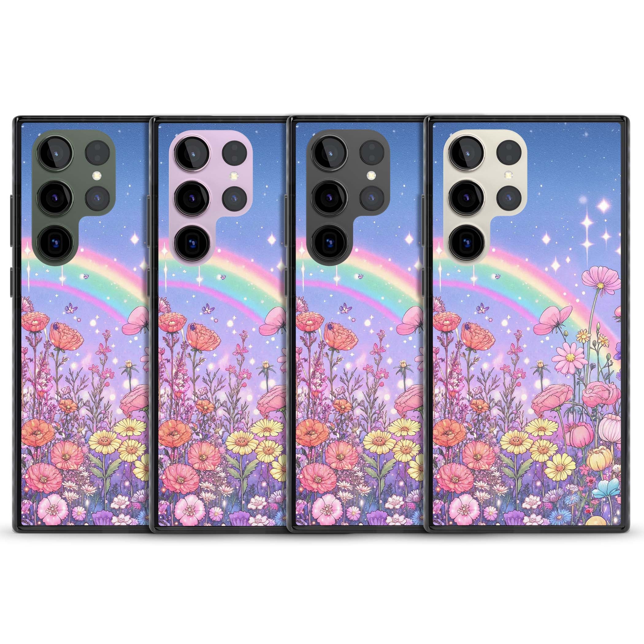 Magical Meadow fairycore iPhone case featuring a pastel rainbow, sparkling stars and a wildflower meadow | Black Impact case for Samsung Galaxy S24 Ultra, Samsung Galaxy S23 Ultra, Samsung Galaxy S22 Ultra