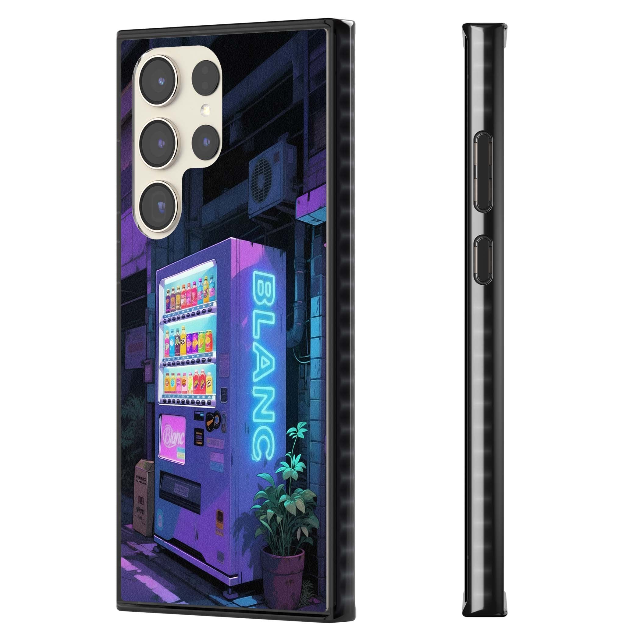 Shibuya Glow Japanese iPhone case featuring a glowing Tokyo vending machine, neon signage, and moody purple alleyway | Black Impact case for Samsung Galaxy S24 Ultra, Samsung Galaxy S23 Ultra, Samsung Galaxy S22 Ultra