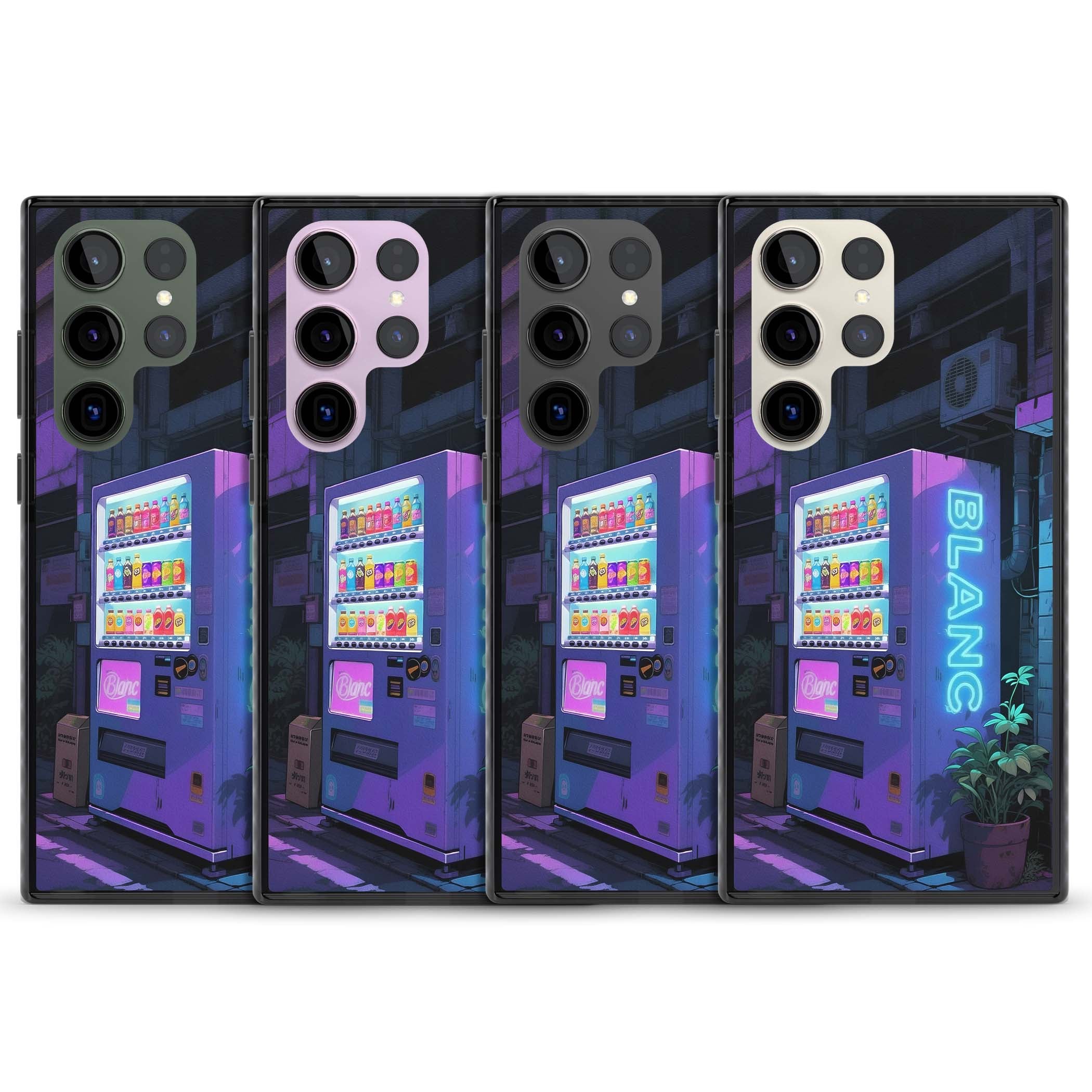 Shibuya Glow Japanese iPhone case featuring a glowing Tokyo vending machine, neon signage, and moody purple alleyway | Black Impact case for Samsung Galaxy S24 Ultra, Samsung Galaxy S23 Ultra, Samsung Galaxy S22 Ultra