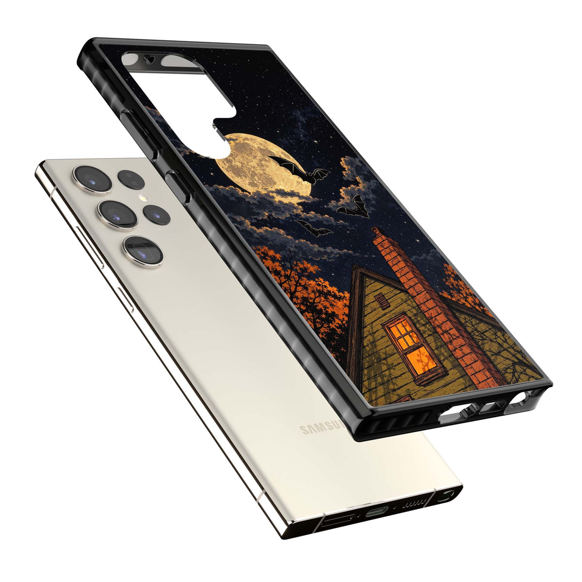 Hollows Eve Halloween iPhone case featuring a haunted house, full moon and flying bats against a starry autumn sky | Black Impact case for Samsung Galaxy S24 Ultra, Samsung Galaxy S23 Ultra, Samsung Galaxy S22 Ultra
