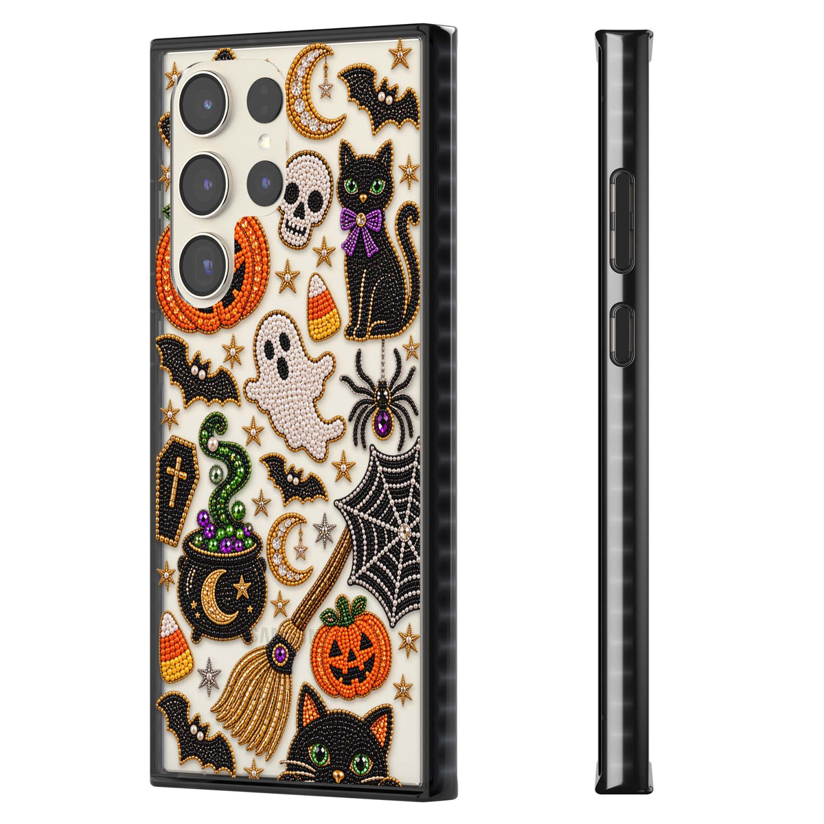 Beaded Halloween Halloween iPhone case featuring beaded pumpkins, ghosts, black cats and bats | Black Impact case for Samsung Galaxy S24 Ultra, Samsung Galaxy S23 Ultra, Samsung Galaxy S22 Ultra