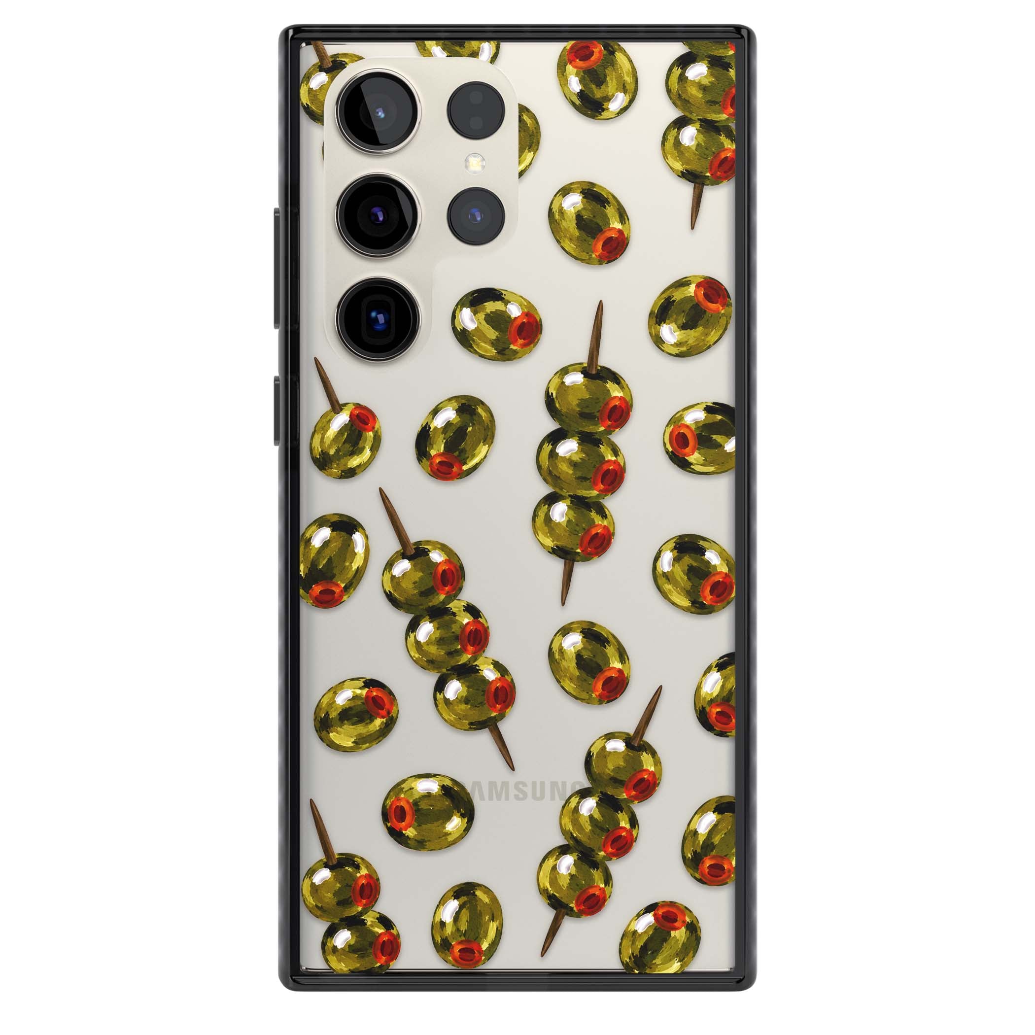 Painted Olives cocktail iPhone case featuring green olives, pimento centres and toothpick skewers on a clear background | Black Impact case for Samsung Galaxy S24 Ultra, Samsung Galaxy S23 Ultra, Samsung Galaxy S22 Ultra