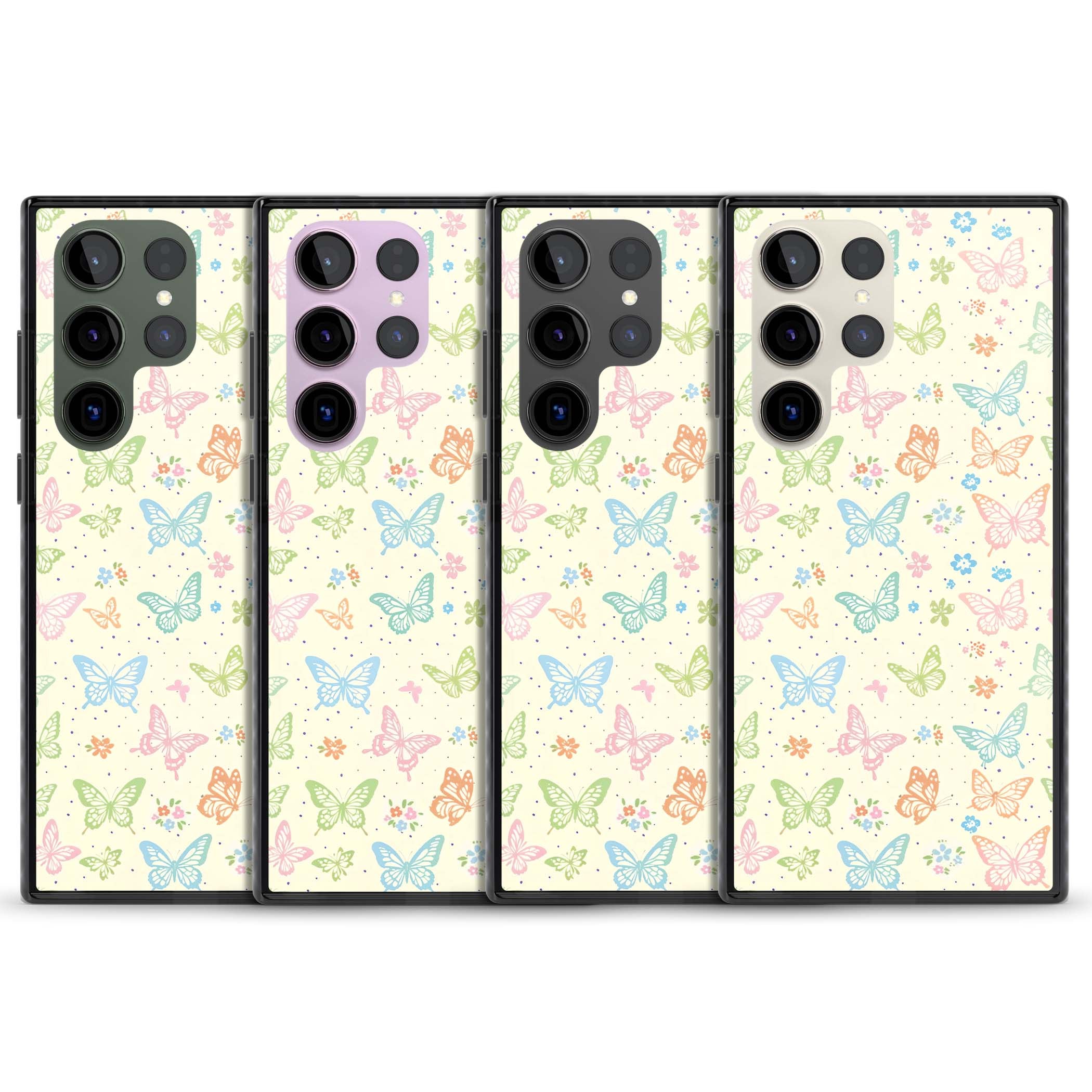 Sugar Wings cottagecore iPhone case featuring rainbow pastel butterflies, tiny wildflowers, and a cream background | Black Impact case for Samsung Galaxy S24 Ultra, Samsung Galaxy S23 Ultra, Samsung Galaxy S22 Ultra