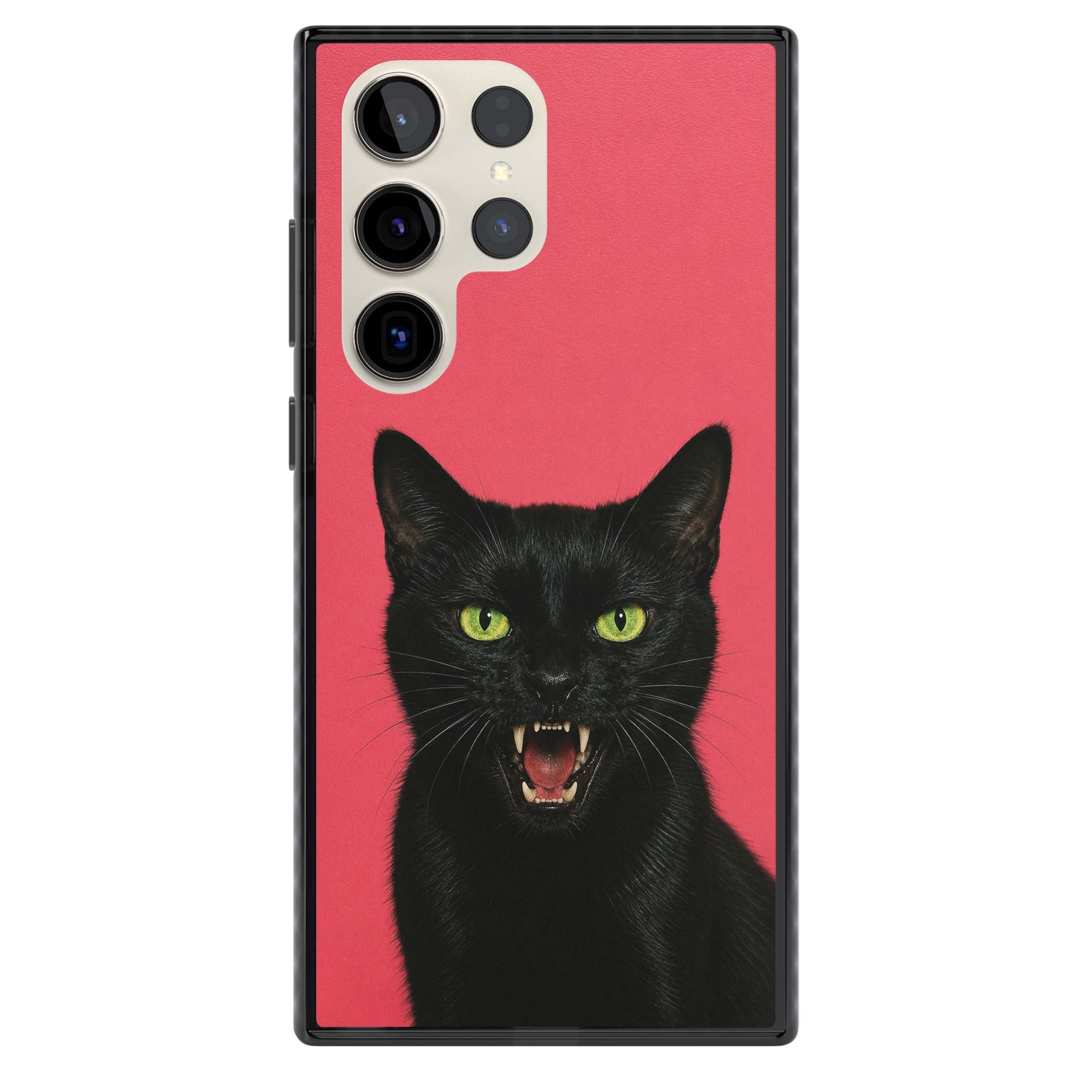 Hissin' Baddie black cat iPhone case featuring a hissing feline with green eyes on a hot pink background | Black Impact case for Samsung Galaxy S24 Ultra, Samsung Galaxy S23 Ultra, Samsung Galaxy S22 Ultra