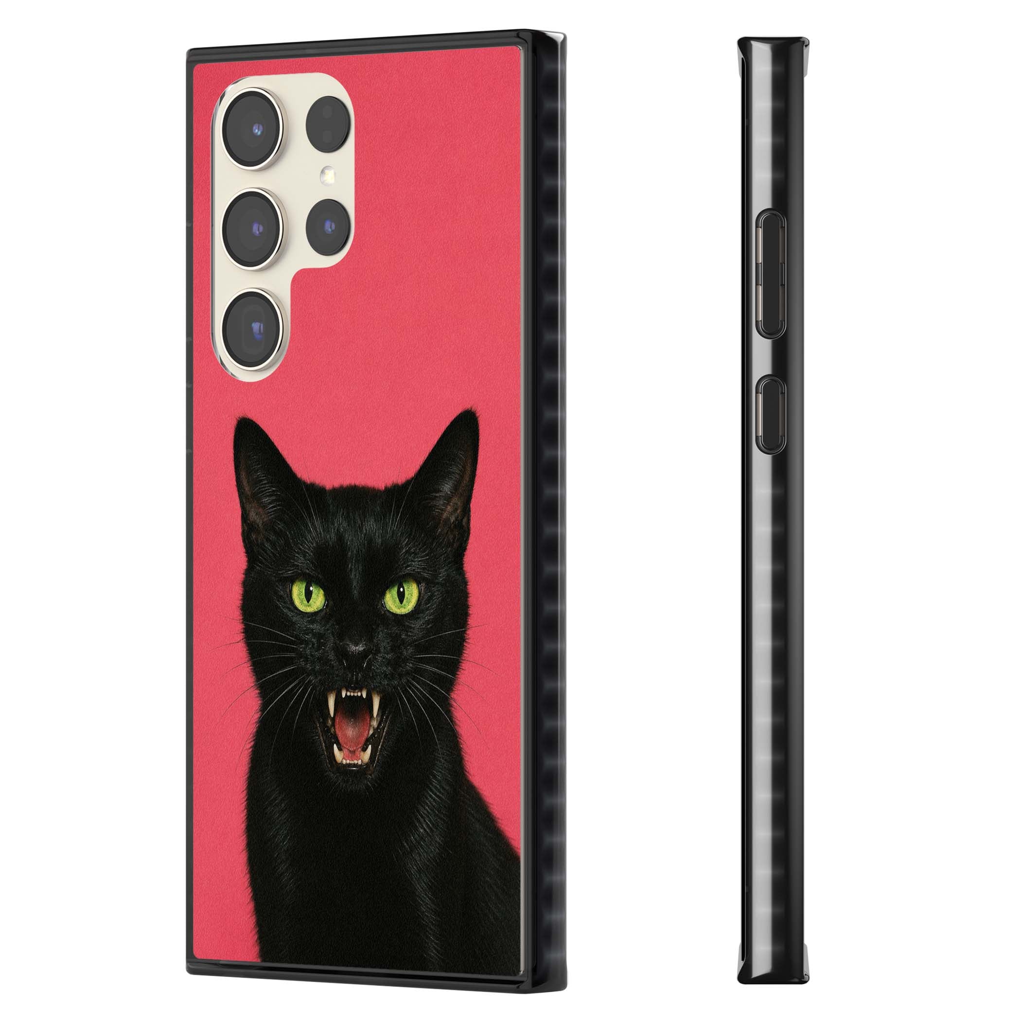 Hissin' Baddie black cat iPhone case featuring a hissing feline with green eyes on a hot pink background | Black Impact case for Samsung Galaxy S24 Ultra, Samsung Galaxy S23 Ultra, Samsung Galaxy S22 Ultra