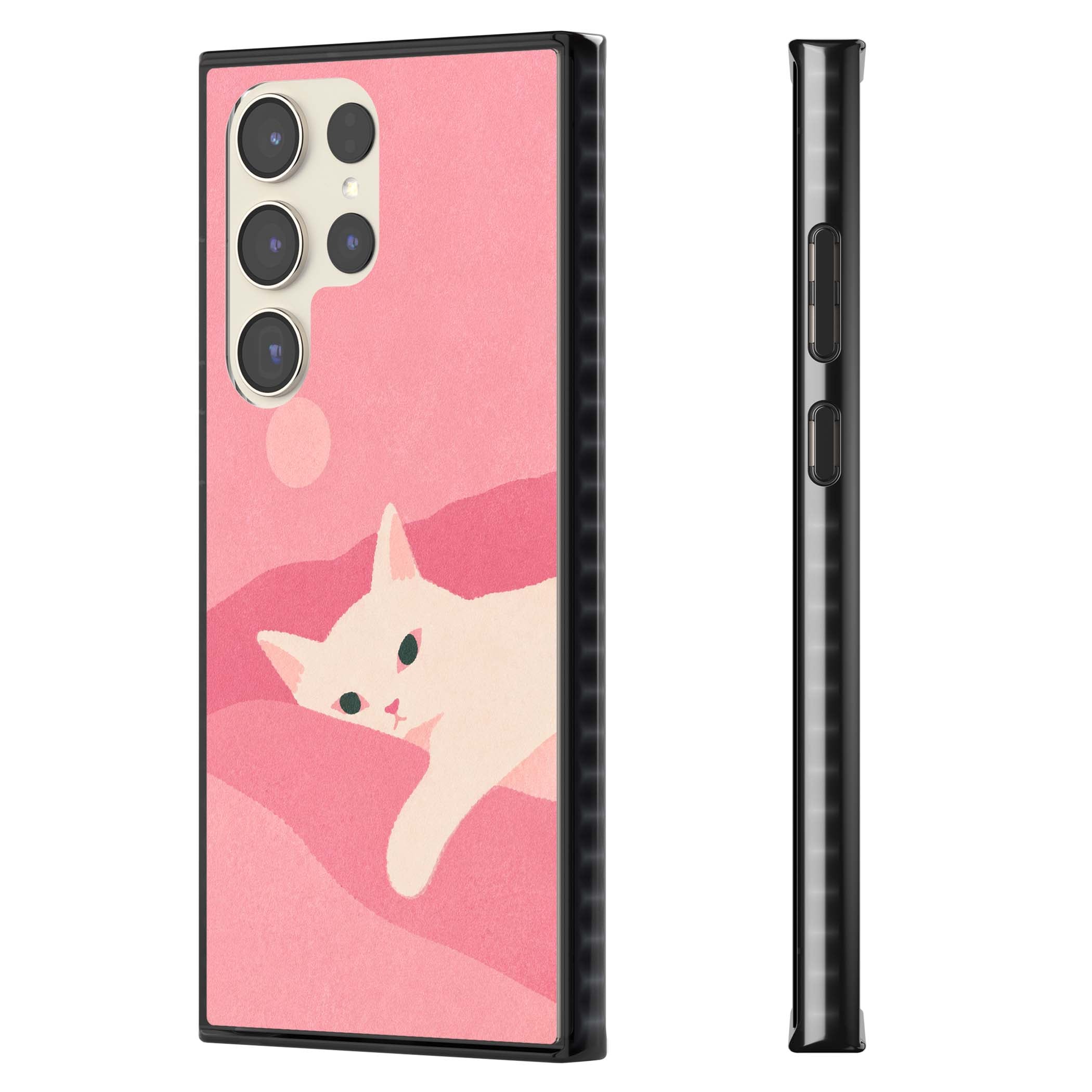 Pink Dreams cute cat iPhone case featuring a white kitten, soft pink hills and a pale pastel sun | Black Impact case for Samsung Galaxy S24 Ultra, Samsung Galaxy S23 Ultra, Samsung Galaxy S22 Ultra