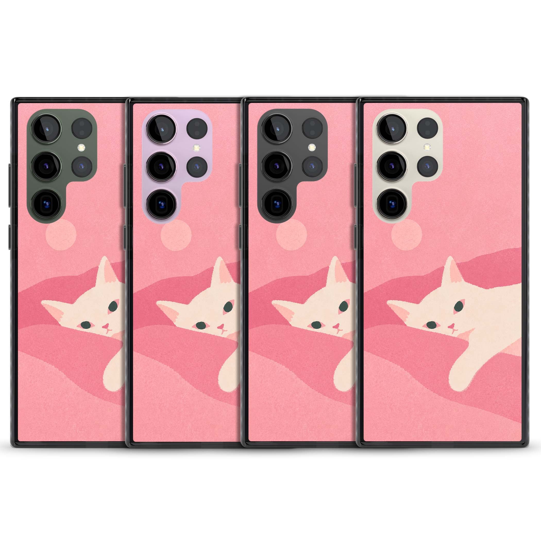Pink Dreams cute cat iPhone case featuring a white kitten, soft pink hills and a pale pastel sun | Black Impact case for Samsung Galaxy S24 Ultra, Samsung Galaxy S23 Ultra, Samsung Galaxy S22 Ultra