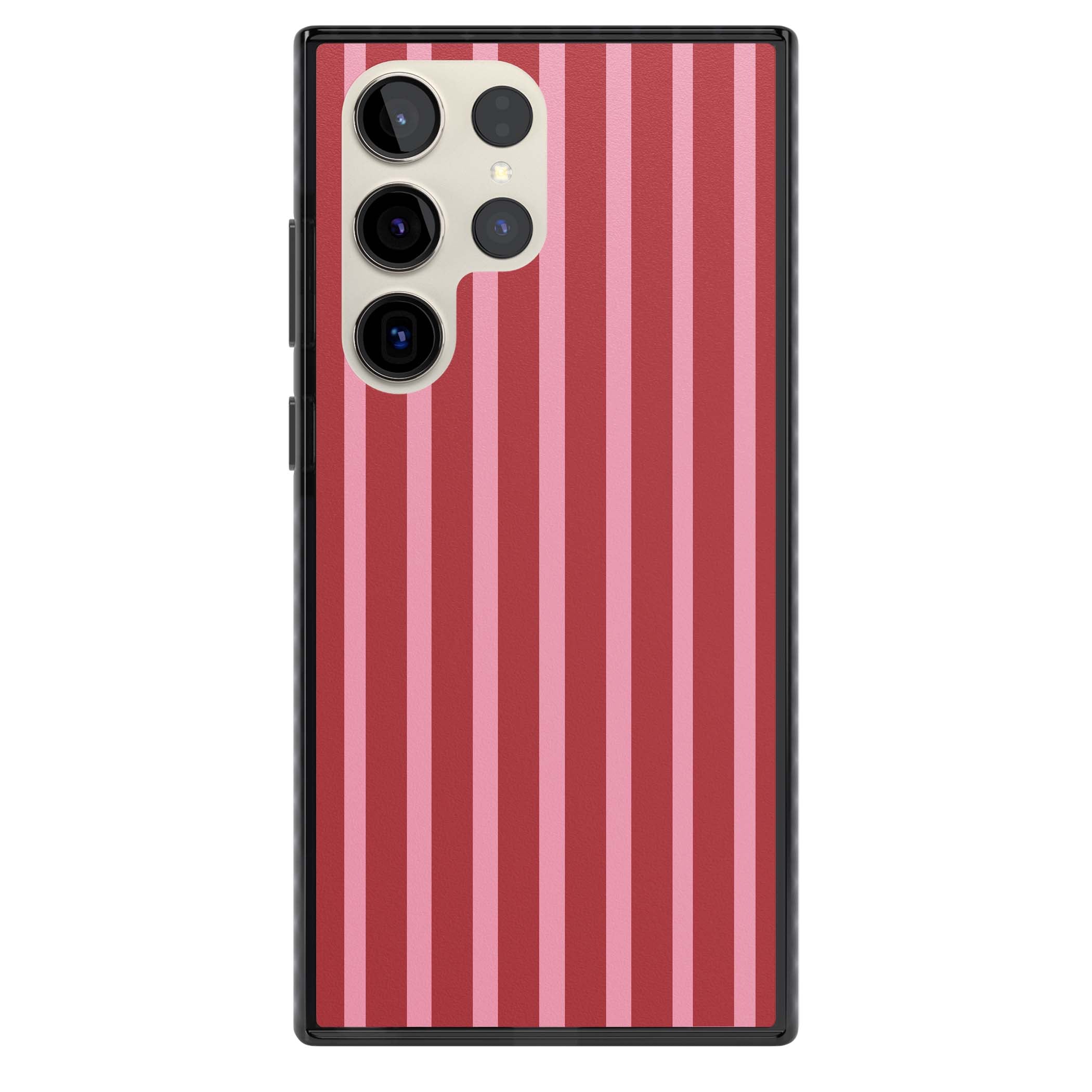 Raspberry Stripe coquette iPhone case featuring red and pink vertical stripes in a candy-inspired pattern | Black Impact case for Samsung Galaxy S24 Ultra, Samsung Galaxy S23 Ultra, Samsung Galaxy S22 Ultra