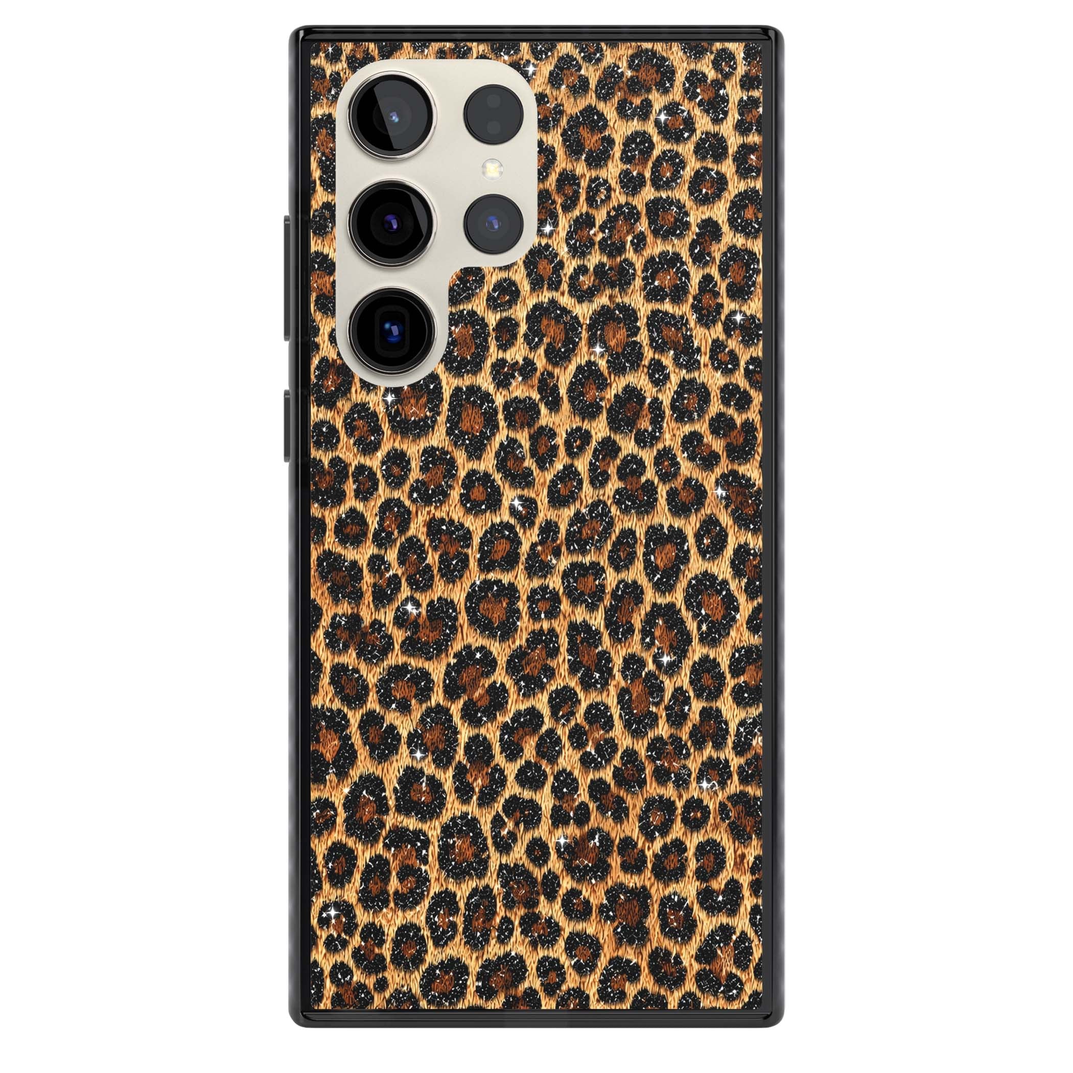 Diamond Leopard leopard print iPhone case featuring golden tan fur, black rosette spots and subtle glitter sparkle | Black Impact case for Samsung Galaxy S24 Ultra, Samsung Galaxy S23 Ultra, Samsung Galaxy S22 Ultra