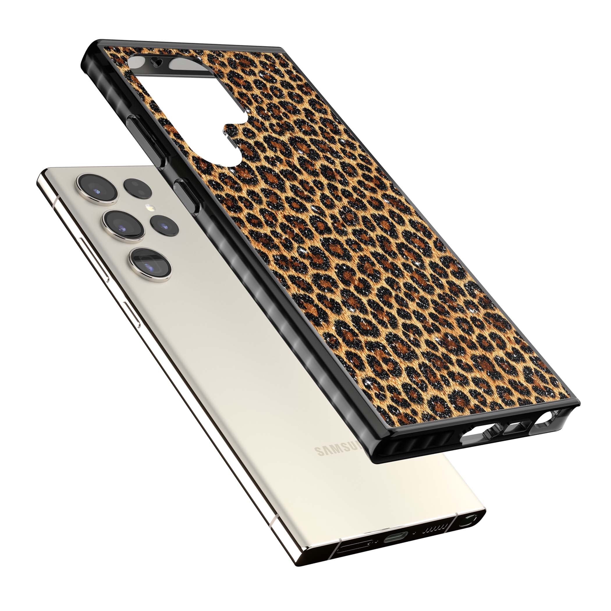 Diamond Leopard leopard print iPhone case featuring golden tan fur, black rosette spots and subtle glitter sparkle | Black Impact case for Samsung Galaxy S24 Ultra, Samsung Galaxy S23 Ultra, Samsung Galaxy S22 Ultra