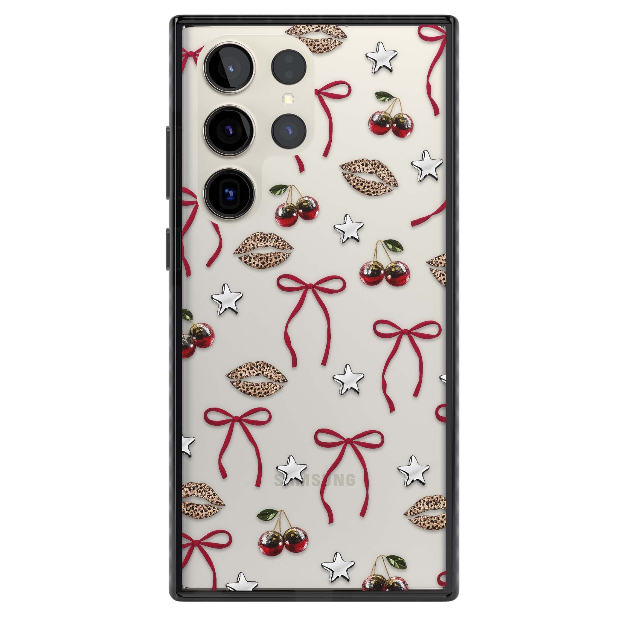 Starlet coquette iPhone case featuring red ribbon bows, disco cherries and leopard-print lips | Black Impact case for Samsung Galaxy S24 Ultra, Samsung Galaxy S23 Ultra, Samsung Galaxy S22 Ultra
