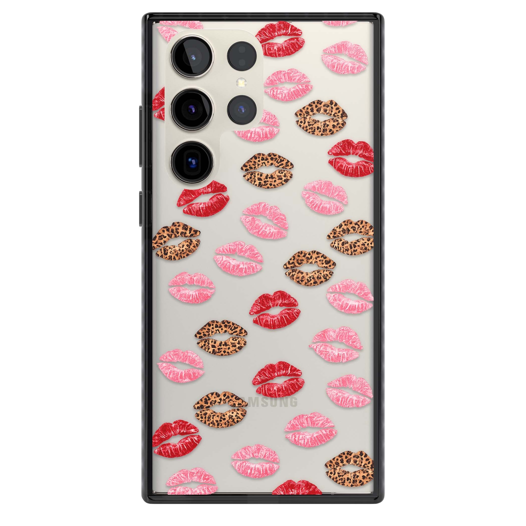 Wild Kisses coquette iPhone case featuring red, pink and leopard print lipstick kiss marks on a clear background | Black Impact case for Samsung Galaxy S24 Ultra, Samsung Galaxy S23 Ultra, Samsung Galaxy S22 Ultra