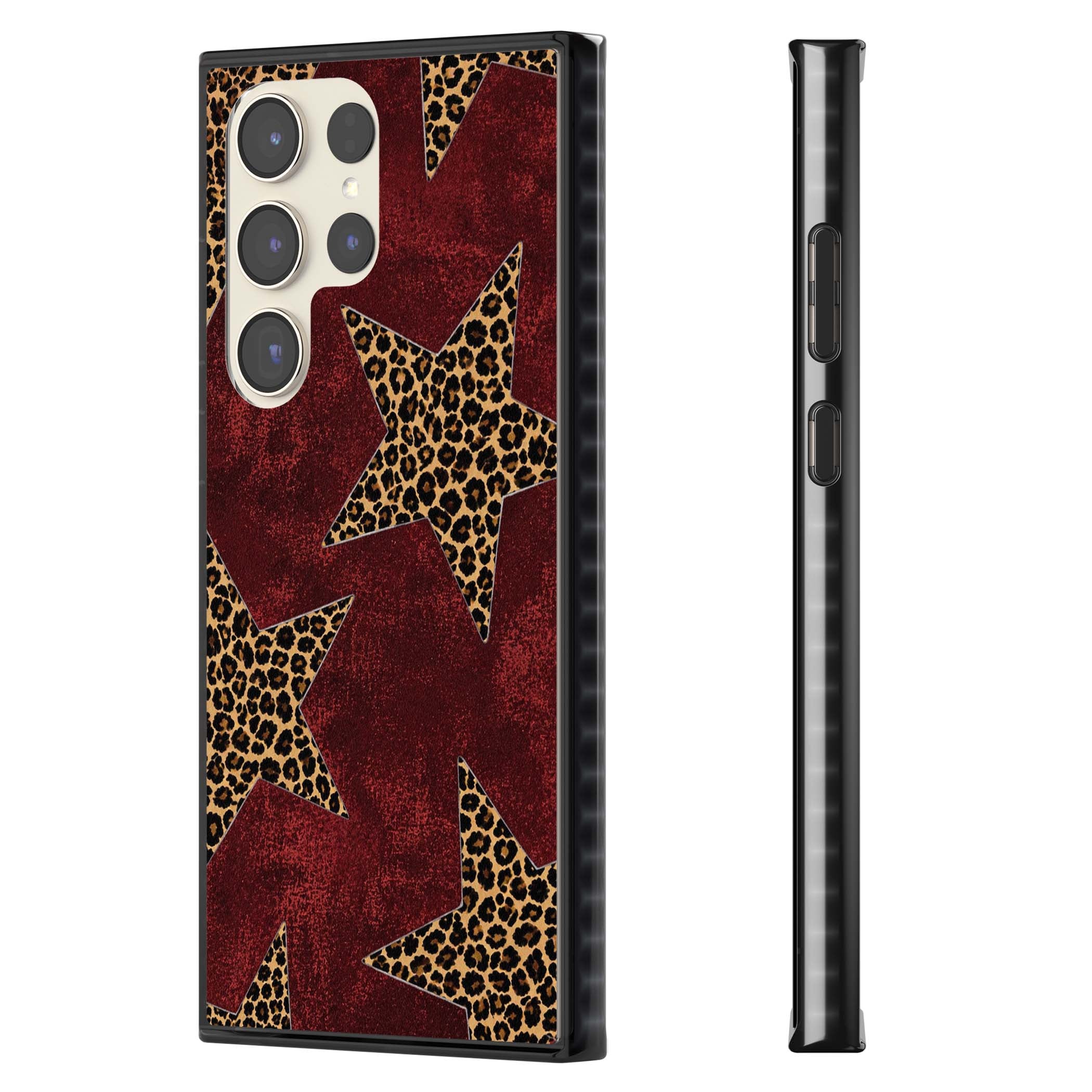 Showgirl leopard print iPhone case featuring cheetah print stars on distressed red grunge background | Black Impact case for Samsung Galaxy S24 Ultra, Samsung Galaxy S23 Ultra, Samsung Galaxy S22 Ultra