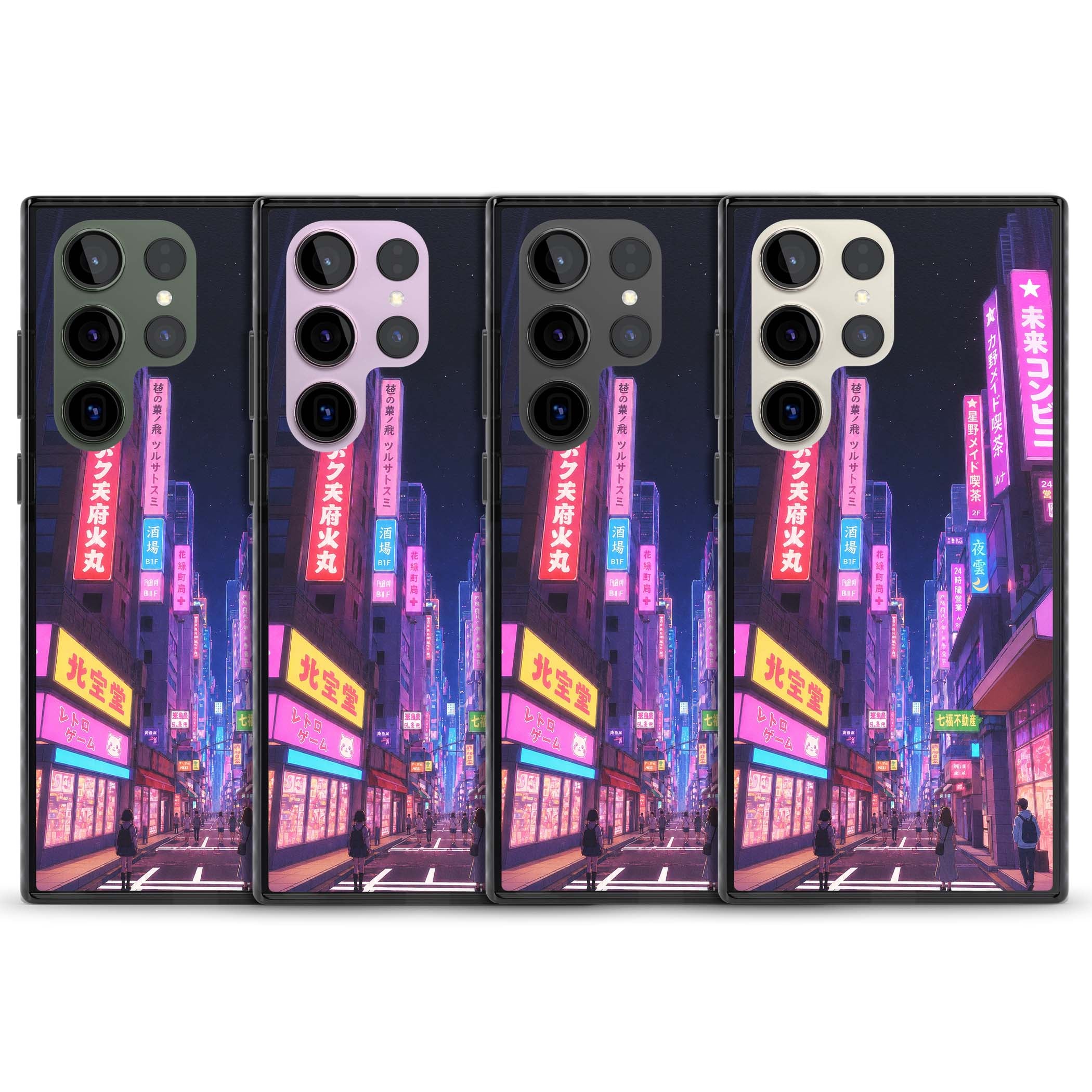 Shibuya At Night Japanese neon city iPhone case featuring glowing kanji signs, pink storefronts and a Tokyo street at n | Black Impact case for Samsung Galaxy S24 Ultra, Samsung Galaxy S23 Ultra, Samsung Galaxy S22 Ultra