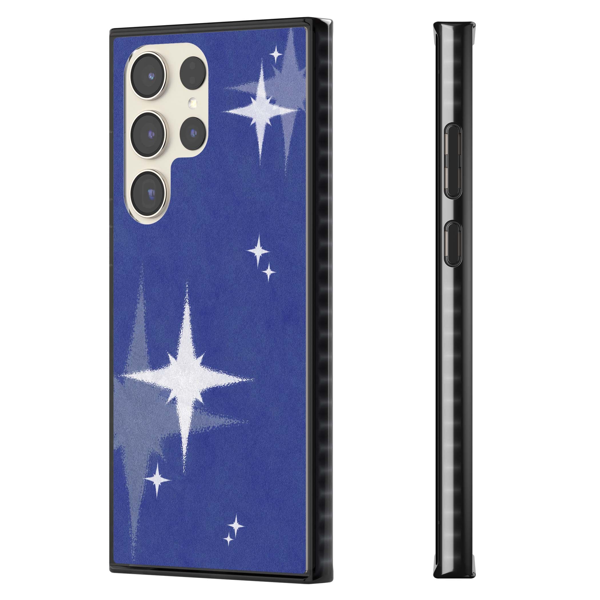 Blue Sparkle celestial iPhone case featuring sparkling silver stars on a deep blue painterly night sky | Black Impact case for Samsung Galaxy S24 Ultra, Samsung Galaxy S23 Ultra, Samsung Galaxy S22 Ultra