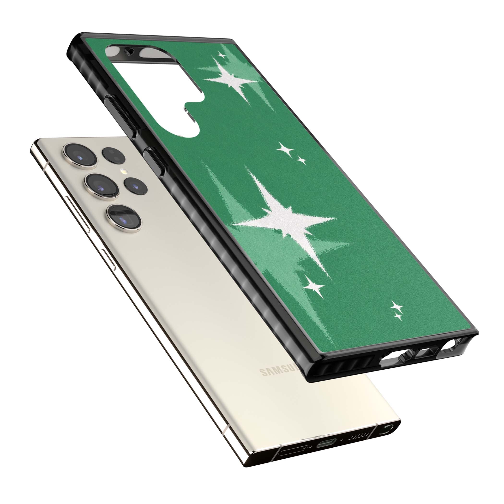 Green Sparkle celestial iPhone case featuring sparkling white four-point stars on a deep green background | Black Impact case for Samsung Galaxy S24 Ultra, Samsung Galaxy S23 Ultra, Samsung Galaxy S22 Ultra