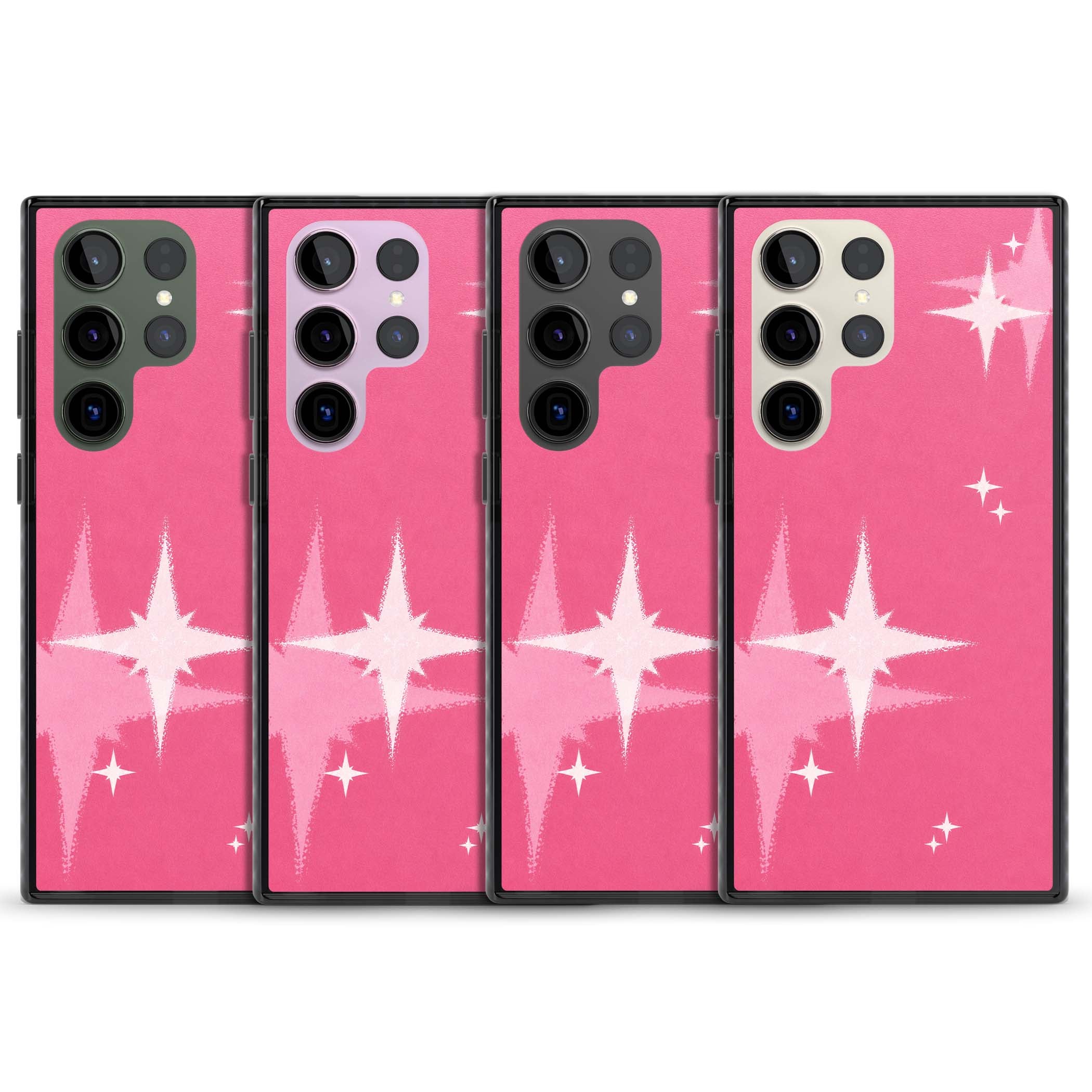 Pink Sparkle Y2K iPhone case featuring hot pink background with shimmering white starburst pattern | Black Impact case for Samsung Galaxy S24 Ultra, Samsung Galaxy S23 Ultra, Samsung Galaxy S22 Ultra