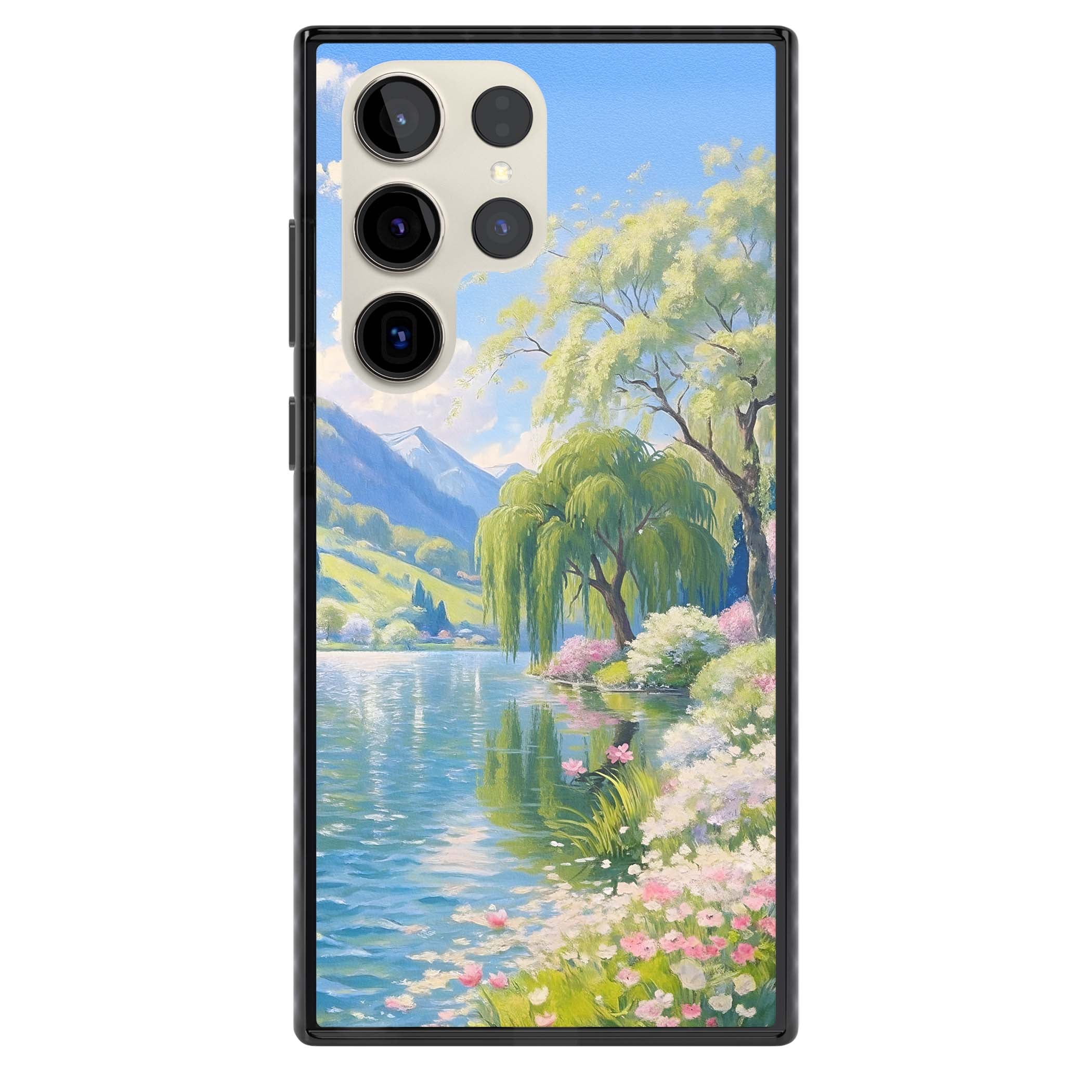 Willow Lake cottagecore iPhone case featuring a painted lakeside with weeping willow, blossoms and distant mountains | Black Impact case for Samsung Galaxy S24 Ultra, Samsung Galaxy S23 Ultra, Samsung Galaxy S22 Ultra
