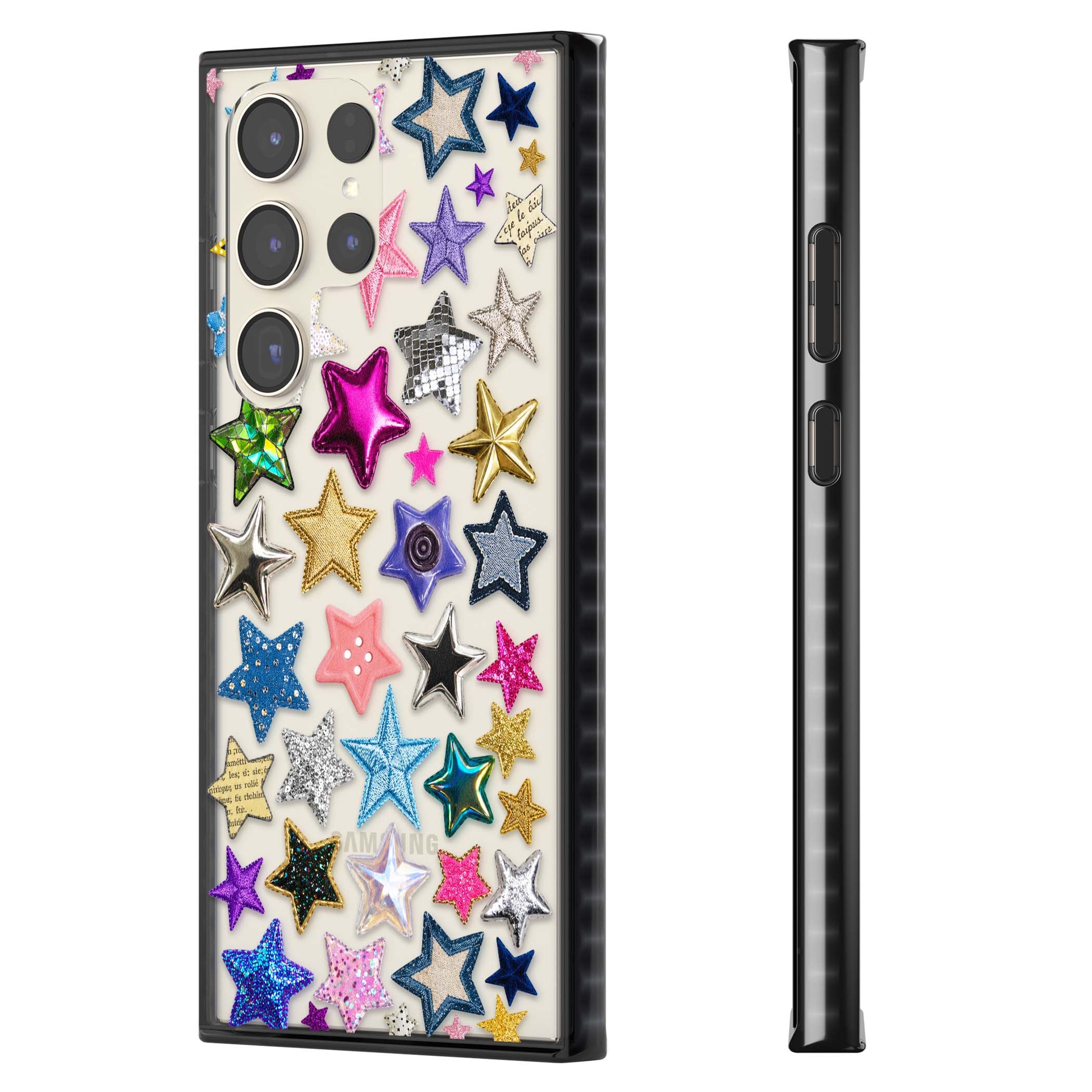 Crafty Star Mix Y2K iPhone case featuring embroidered, sequinned and glitter star patches in rainbow colours | Black Impact case for Samsung Galaxy S24 Ultra, Samsung Galaxy S23 Ultra, Samsung Galaxy S22 Ultra