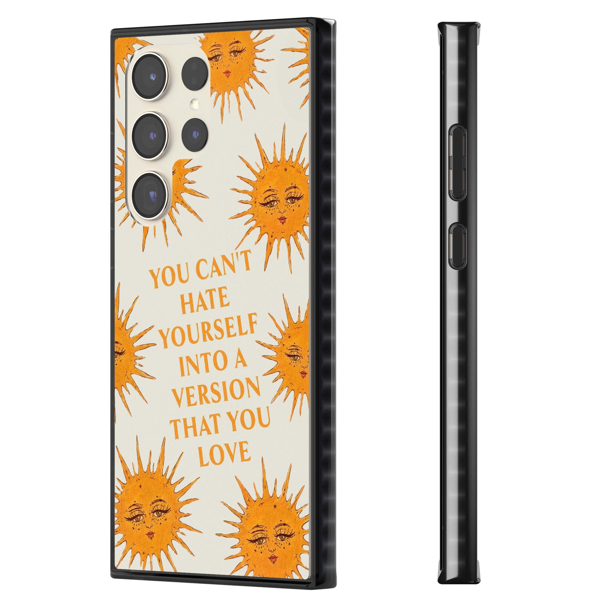 Don't Hate Yourself celestial iPhone case featuring vintage sun faces, ochre rays and a self-love quote | Black Impact case for Samsung Galaxy S24 Ultra, Samsung Galaxy S23 Ultra, Samsung Galaxy S22 Ultra