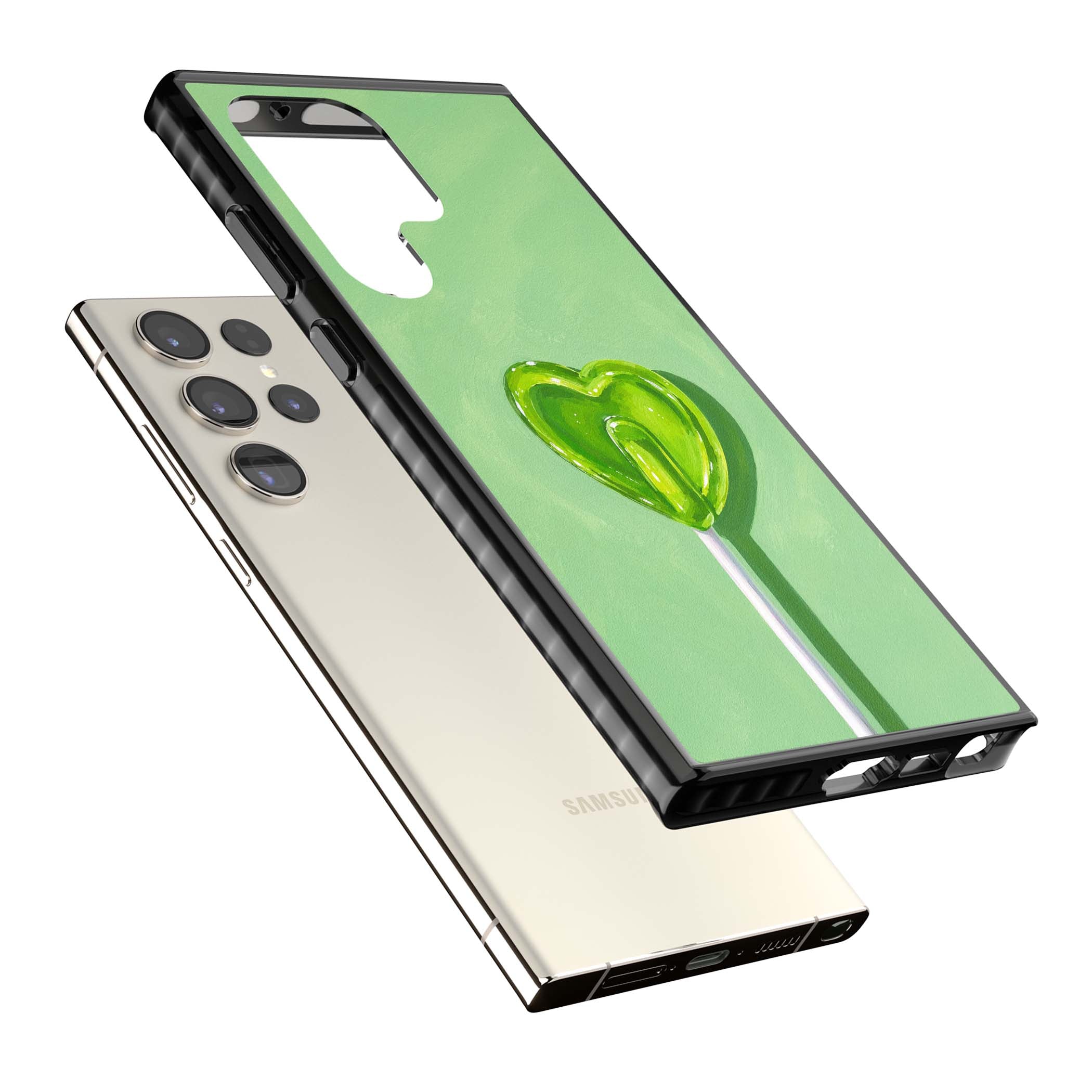 Green Lollipop candy art iPhone case featuring a glossy green heart-shaped lollipop on a painted pastel green background | Black Impact case for Samsung Galaxy S24 Ultra, Samsung Galaxy S23 Ultra, Samsung Galaxy S22 Ultra