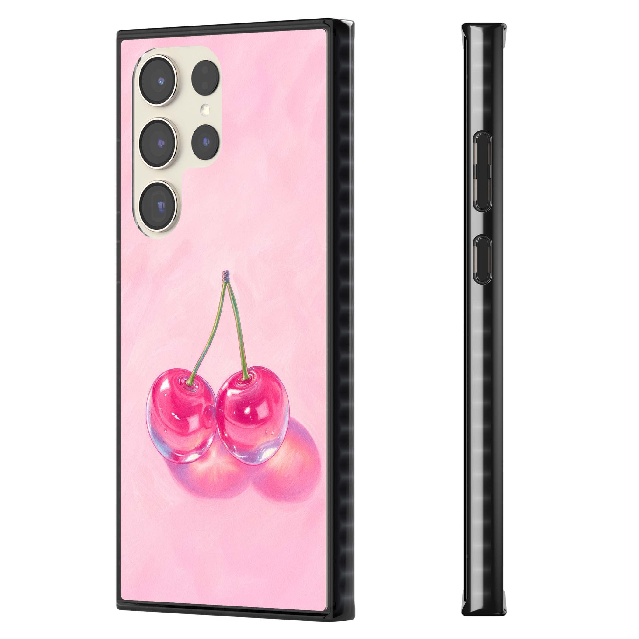Pink Glass Cherry coquette iPhone case featuring two glossy painted cherries on a soft pink background | Black Impact case for Samsung Galaxy S24 Ultra, Samsung Galaxy S23 Ultra, Samsung Galaxy S22 Ultra