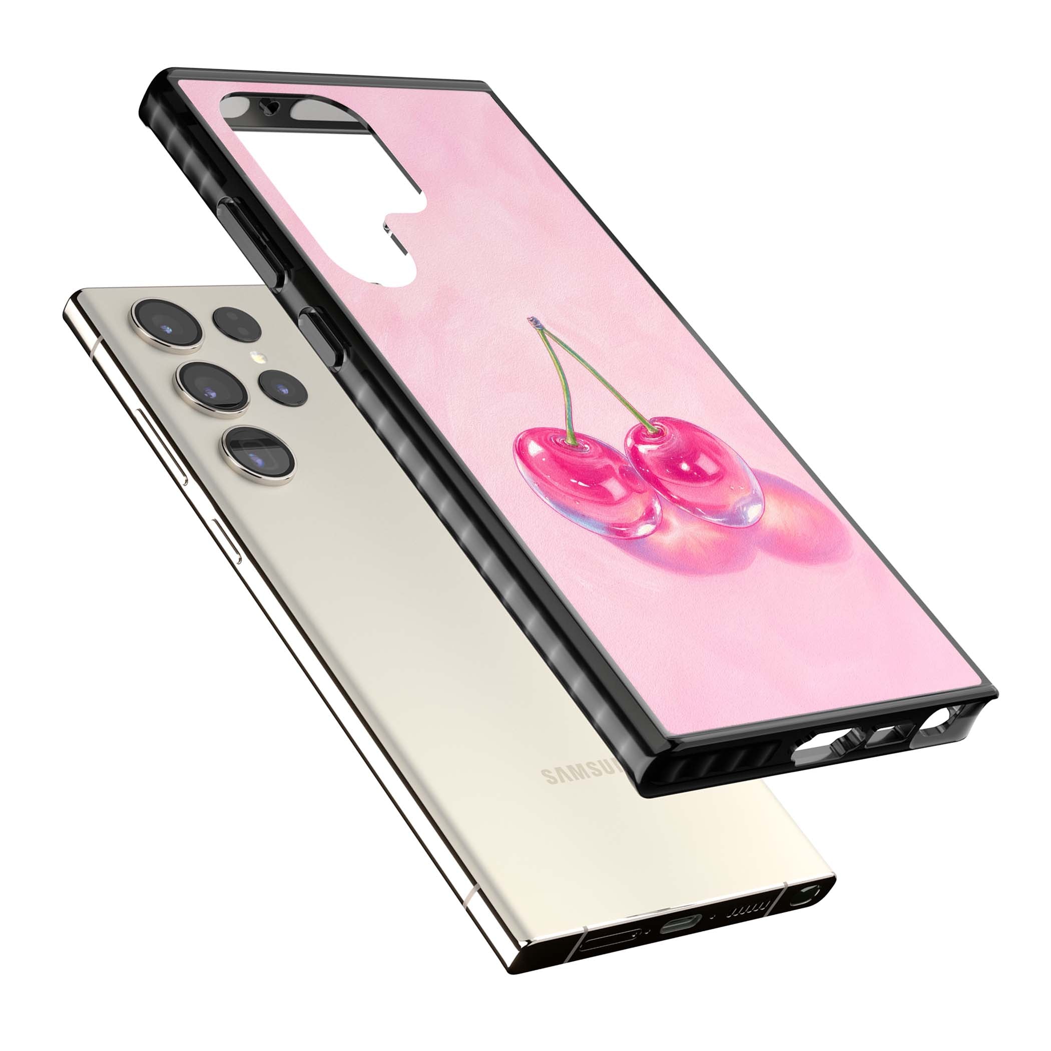 Pink Glass Cherry coquette iPhone case featuring two glossy painted cherries on a soft pink background | Black Impact case for Samsung Galaxy S24 Ultra, Samsung Galaxy S23 Ultra, Samsung Galaxy S22 Ultra