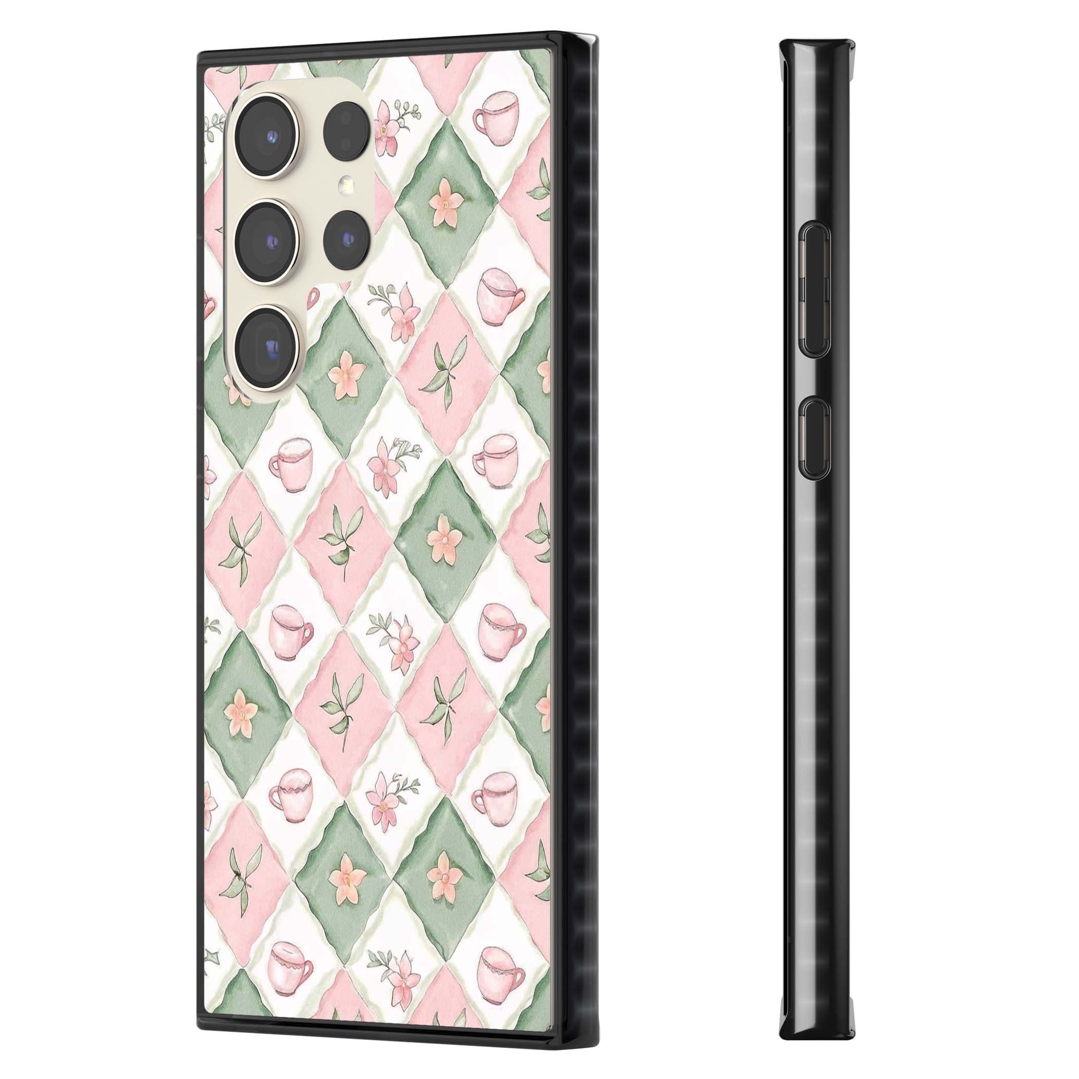 Garden Tea Party coquette iPhone case with pink and green checkered pattern, watercolour teacups and wildflowers | Black Impact case for Samsung Galaxy S24 Ultra, Samsung Galaxy S23 Ultra, Samsung Galaxy S22 Ultra